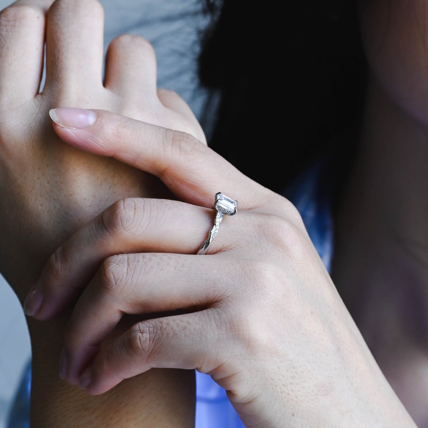 CausYou emerald cut diamond engagement ring CausYou Solid Gold D/VS1 Twist Band Emerald Cut Lab Grown Diamond Engagement Ring, Hidden Halo Wedding Ring