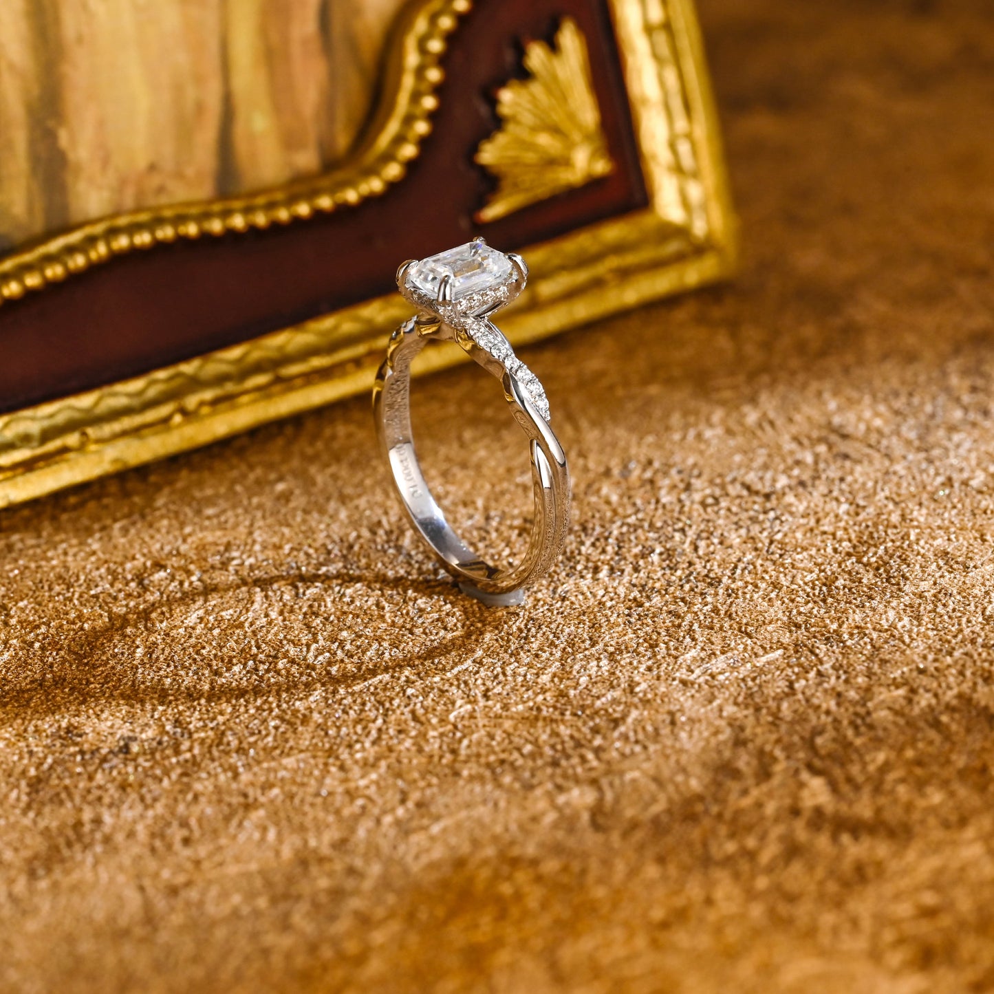 CausYou emerald cut diamond engagement ring CausYou Solid Gold D/VS1 Twist Band Emerald Cut Lab Grown Diamond Engagement Ring, Hidden Halo Wedding Ring