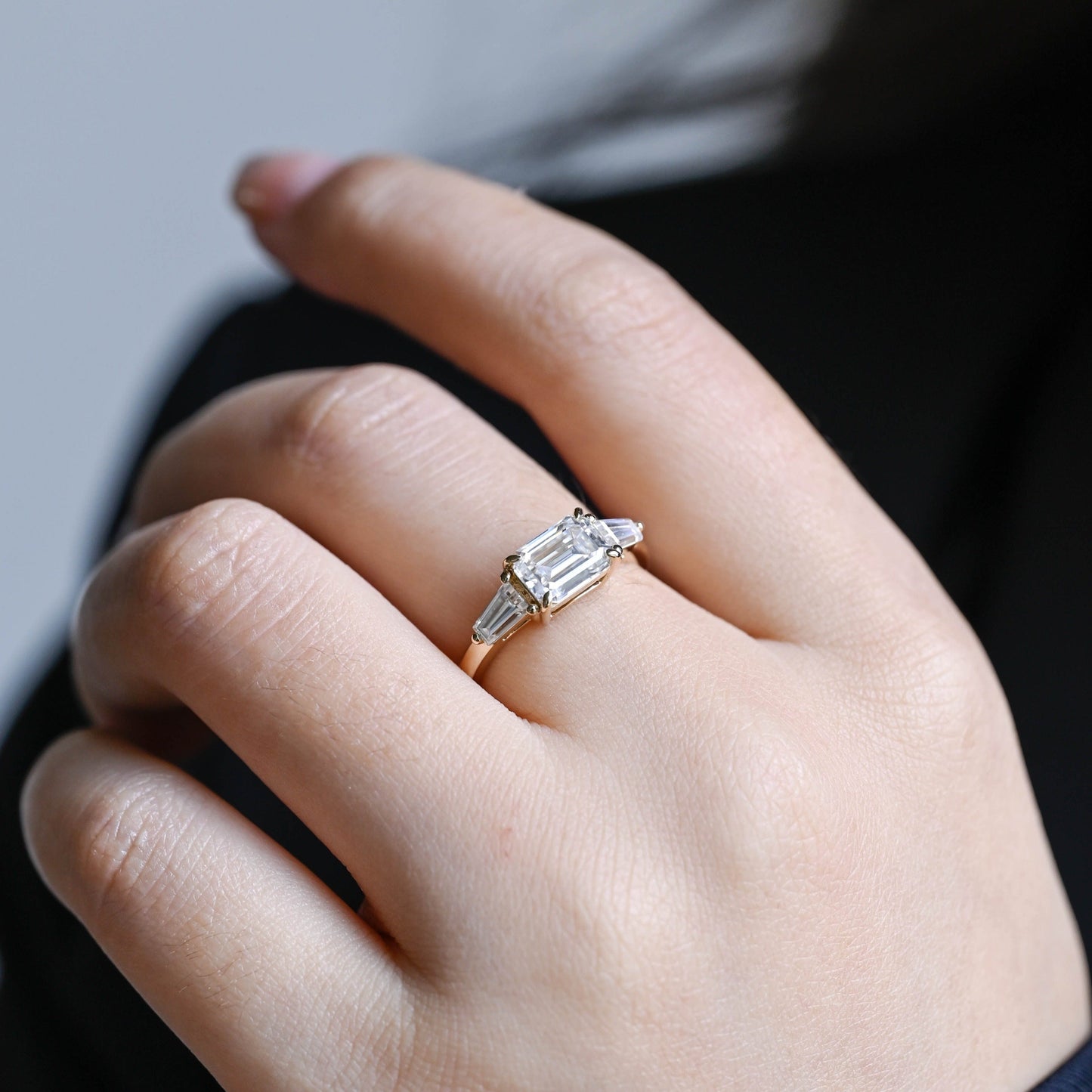 CausYou emerald cut diamond engagement ring Solid Gold D/VS1 Emerald Cut Lab Grown Diamond Engagement Ring, Three Stone Promise Ring