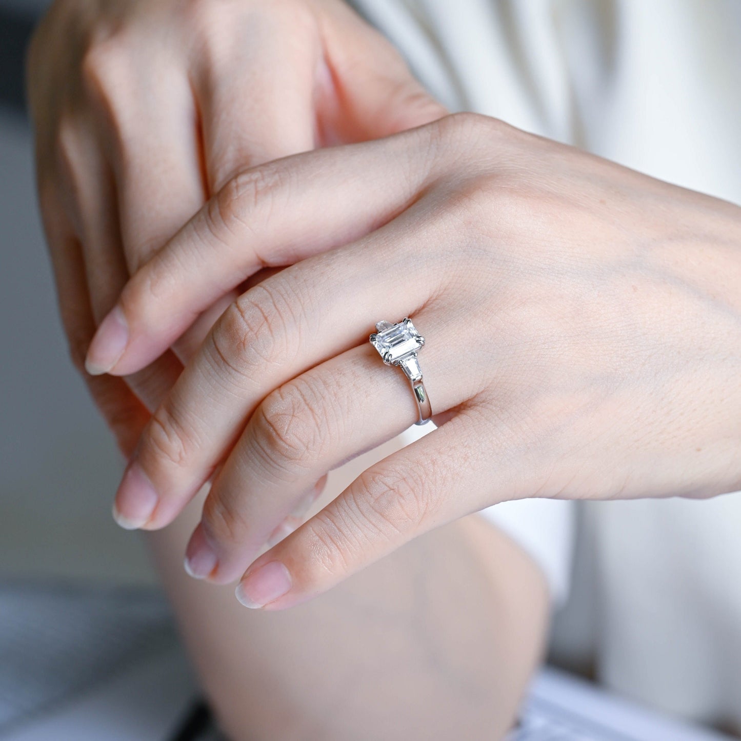 CausYou emerald cut diamond engagement ring Solid Gold D/VS1 Lab Grown Emerald Cut Diamond Engagement Ring, Three Stone Promise Ring