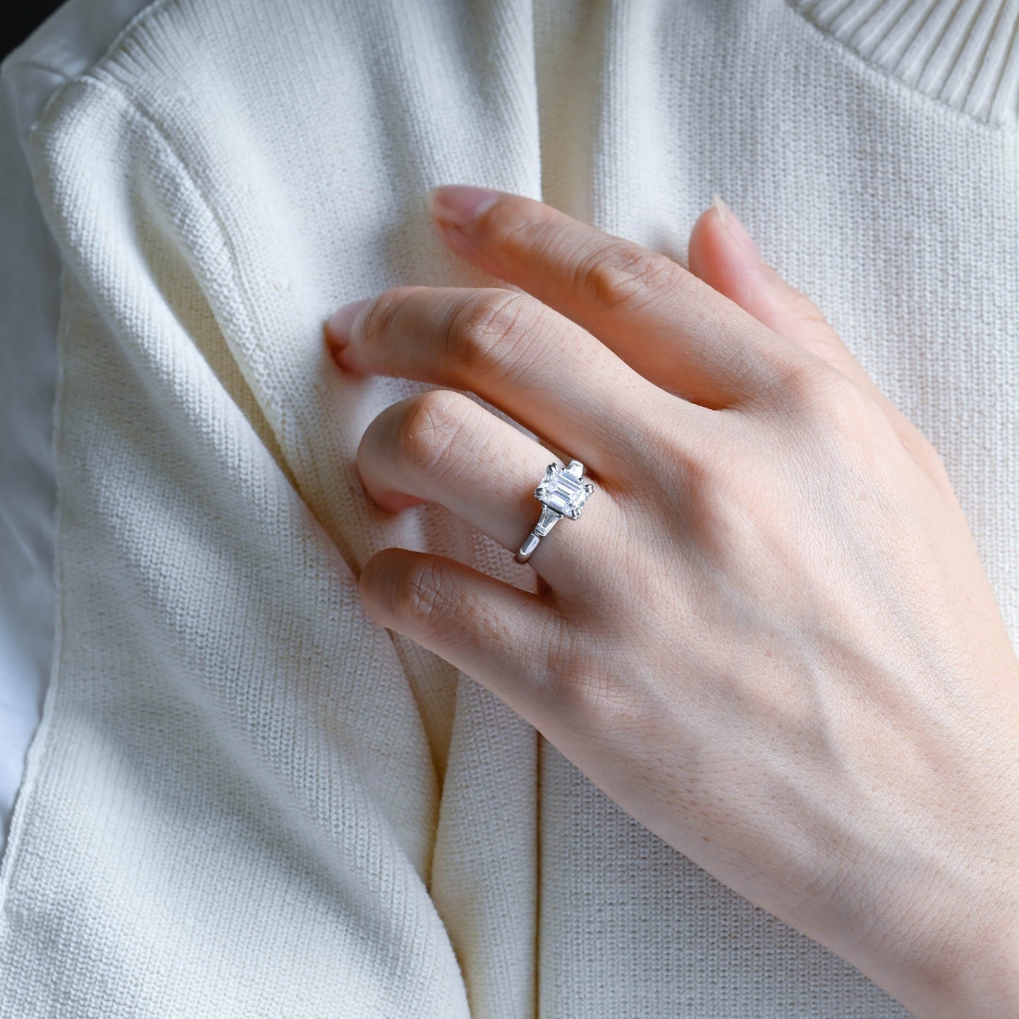 CausYou emerald cut diamond engagement ring Solid Gold D/VS1 Lab Grown Emerald Cut Diamond Engagement Ring, Three Stone Promise Ring