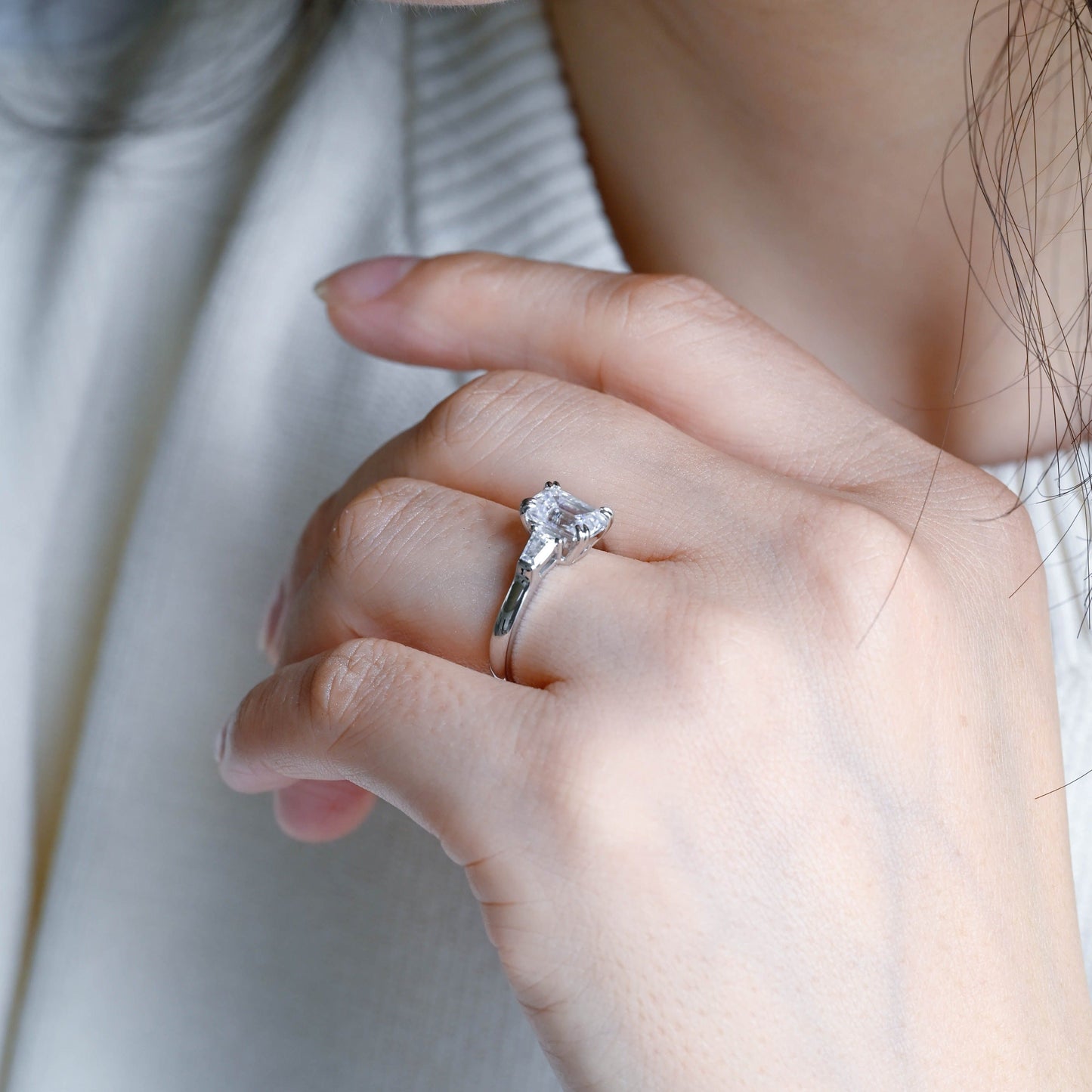 CausYou emerald cut diamond engagement ring Solid Gold D/VS1 Lab Grown Emerald Cut Diamond Engagement Ring, Three Stone Promise Ring