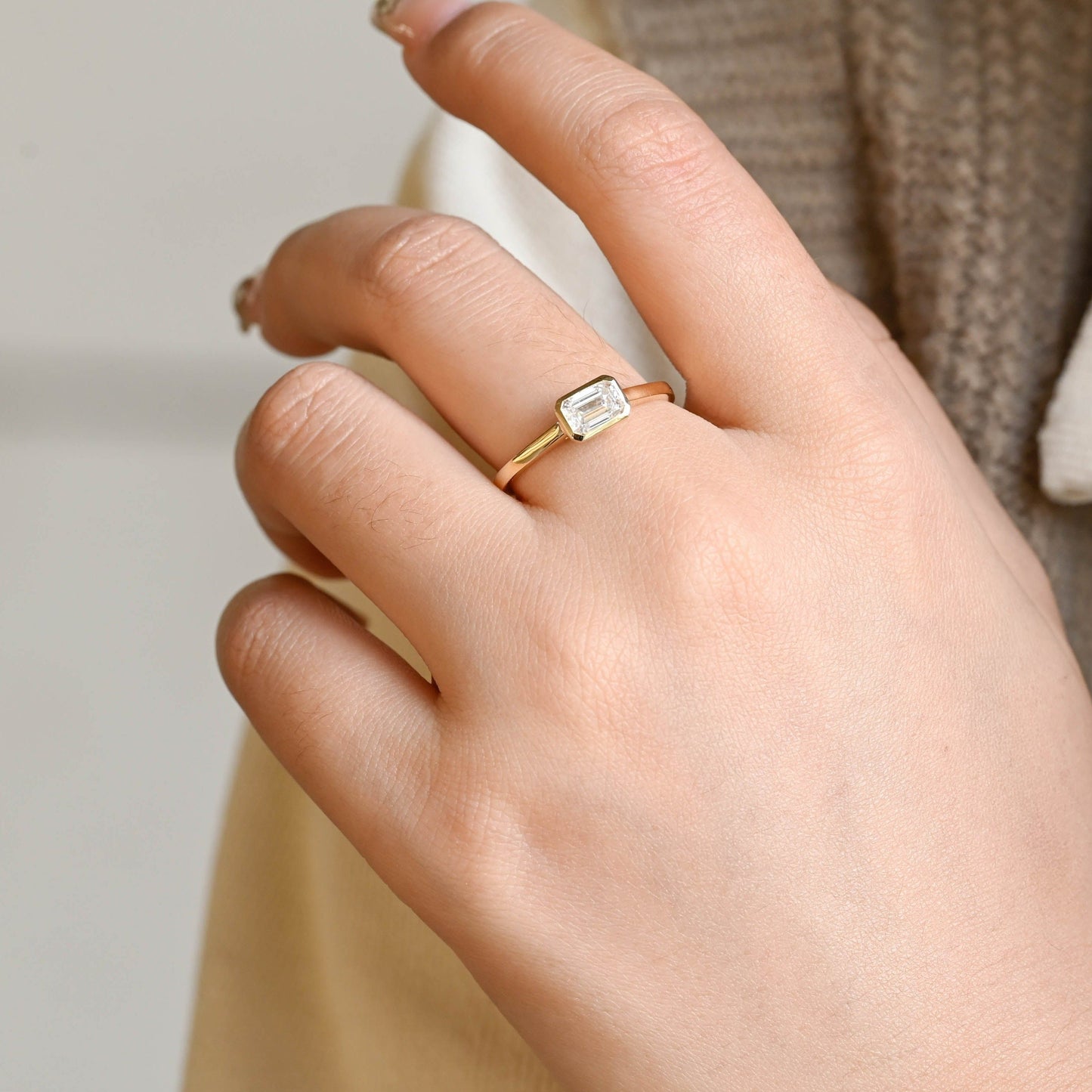 CausYou emerald cut moissanite engagement ring CausYou Bezel Solid Gold Emerald Cut Moissanite Engagement Ring, Promise Ring, Proposal Ring, Gift for Woman, Wife