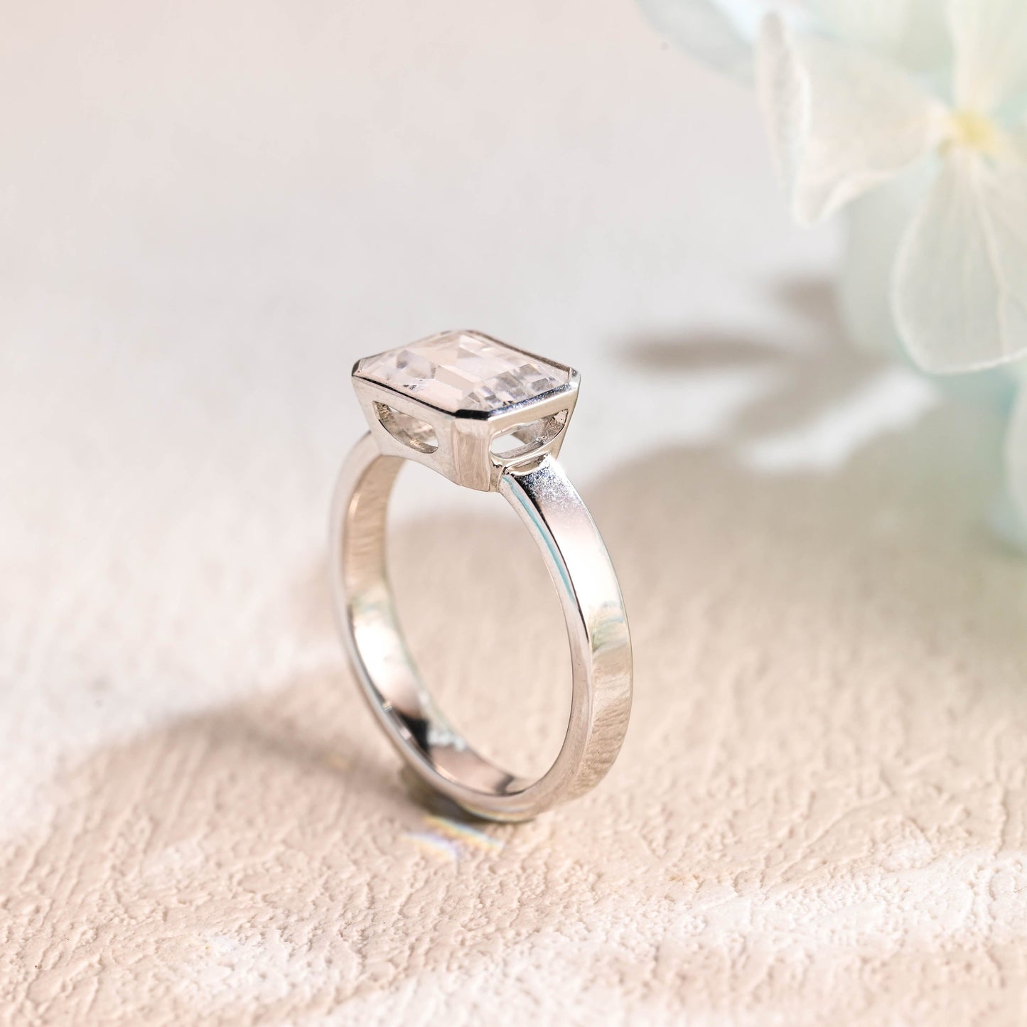 CausYou emerald cut moissanite engagement ring CausYou Solid Gold 3mm Width East West Emerald Cut Moissanite Engagement Ring Bezel Ring, Solitaire Promise Ring, Gift for Women Wife