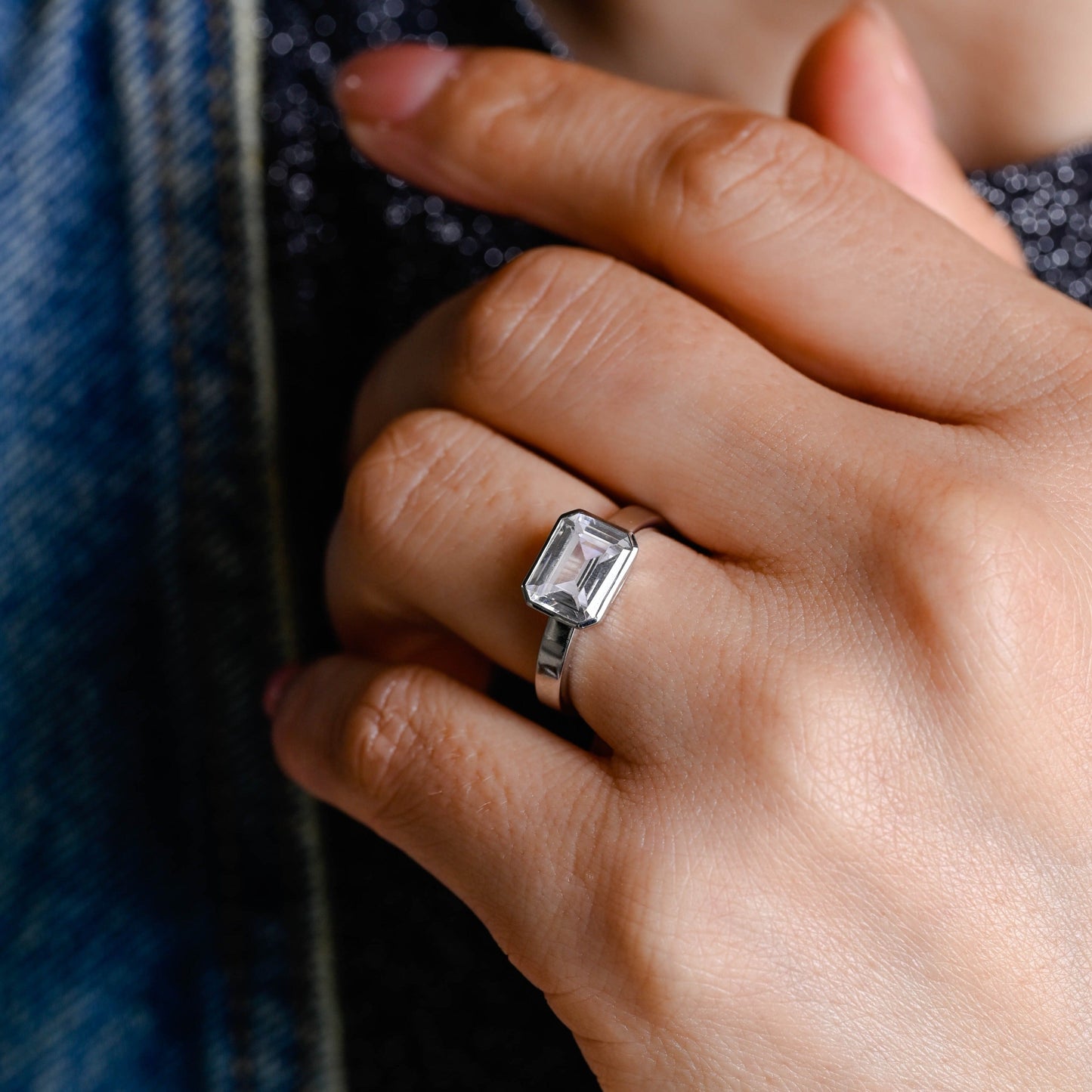 CausYou emerald cut moissanite engagement ring CausYou Solid Gold 3mm Width East West Emerald Cut Moissanite Engagement Ring Bezel Ring, Solitaire Promise Ring, Gift for Women Wife