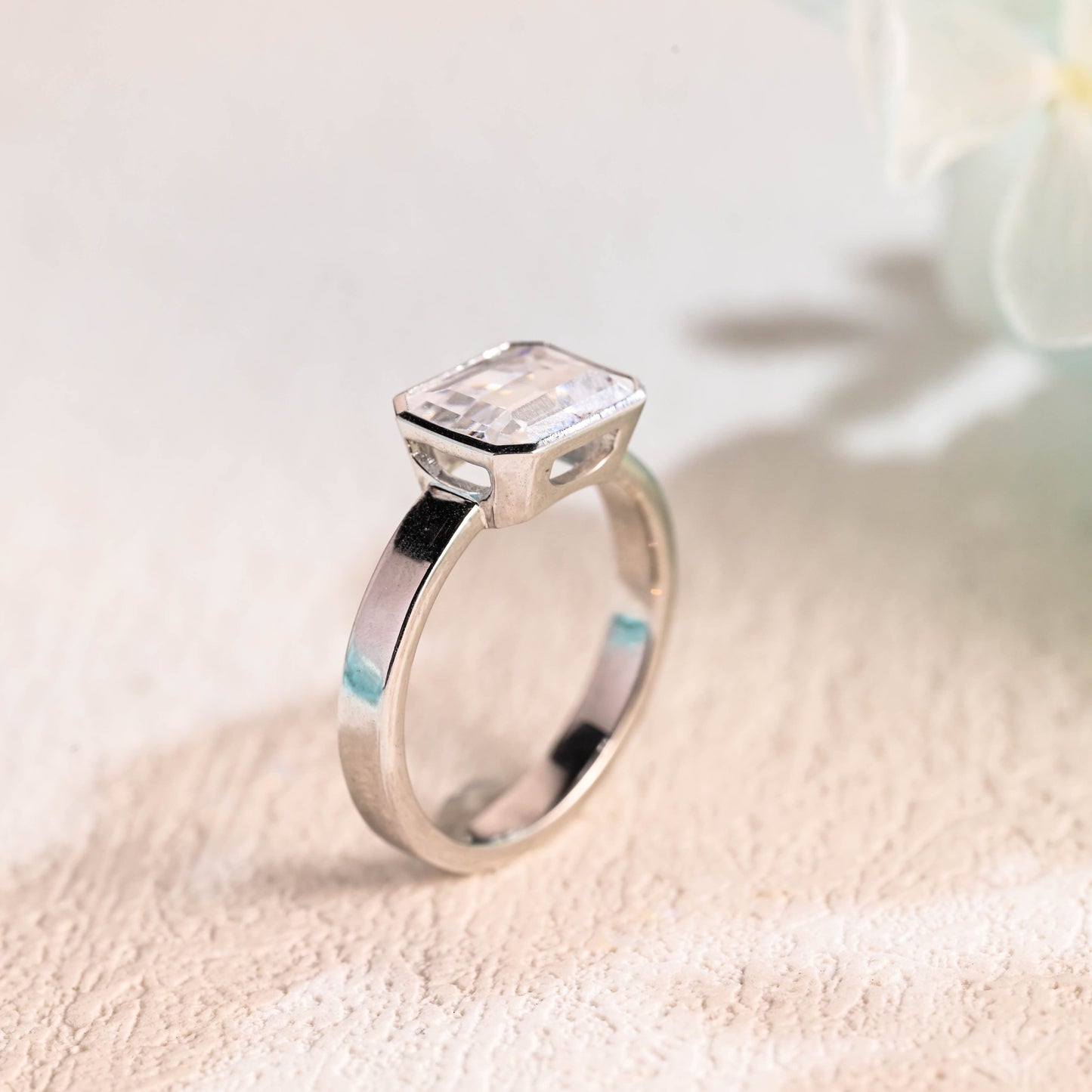 CausYou emerald cut moissanite engagement ring CausYou Solid Gold 3mm Width East West Emerald Cut Moissanite Engagement Ring Bezel Ring, Solitaire Promise Ring, Gift for Women Wife