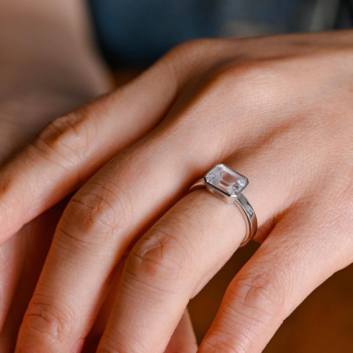 CausYou emerald cut moissanite engagement ring CausYou Solid Gold 3mm Width East West Emerald Cut Moissanite Engagement Ring Bezel Ring, Solitaire Promise Ring, Gift for Women Wife