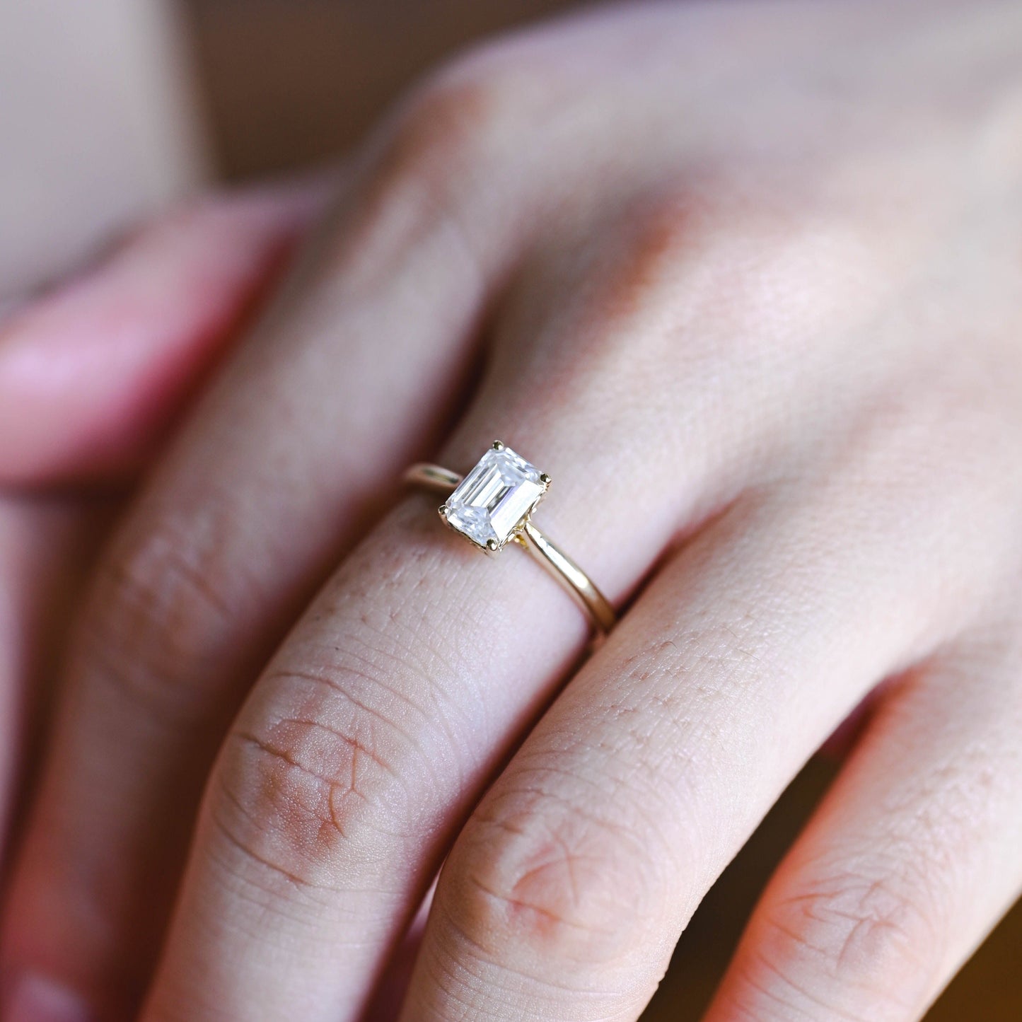 CausYou emerald cut moissanite engagement ring CausYou Solid Gold Cathedral Setting Emerald Cut Moissanite Engagement Ring, Solitaire Promise Ring, Gift for Women, Wife