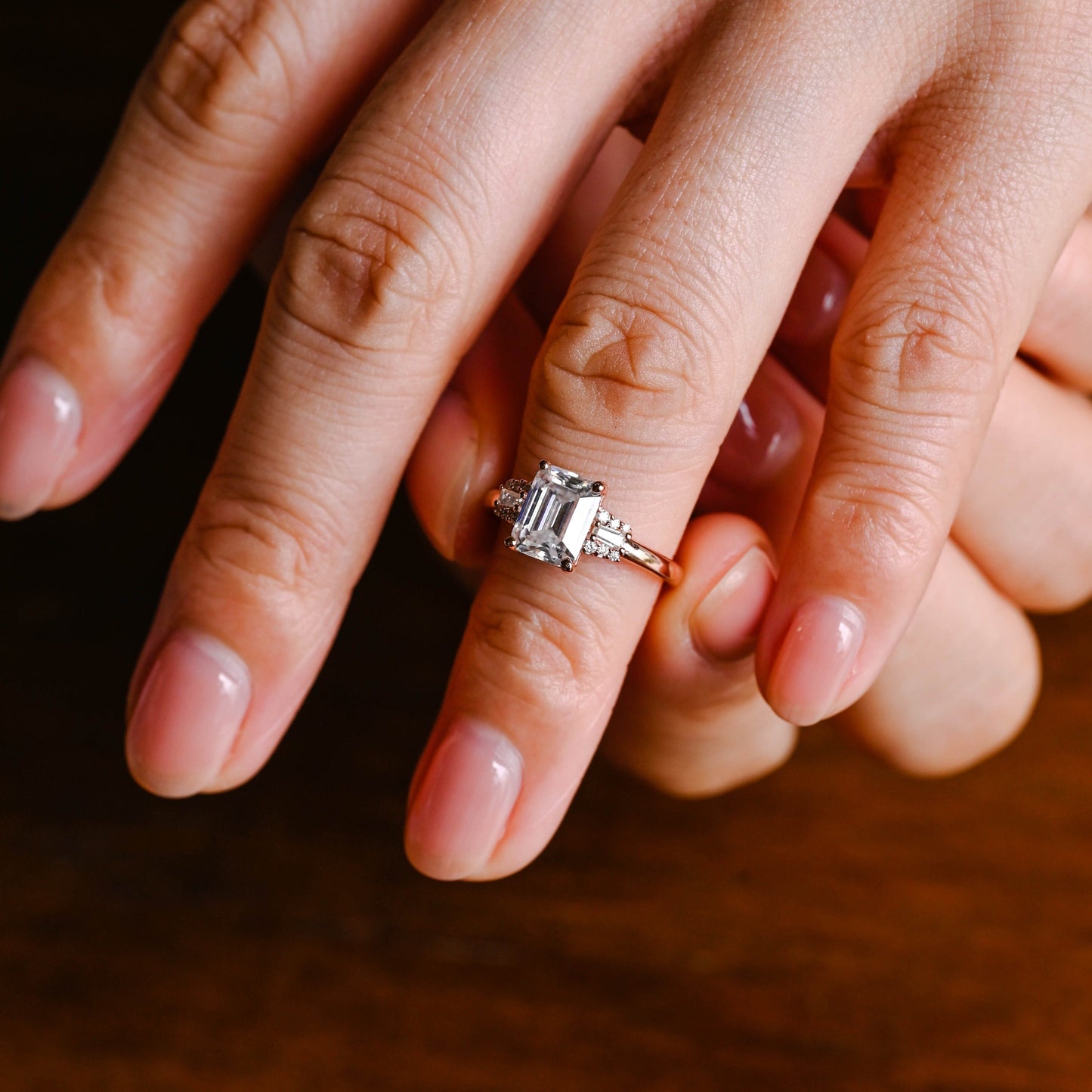 CausYou emerald cut moissanite engagement ring CausYou Solid Gold Emerald Cut Moissanite Engagement Ring, Three Stone Trapezoid Accents Promise Bridal Ring for Women