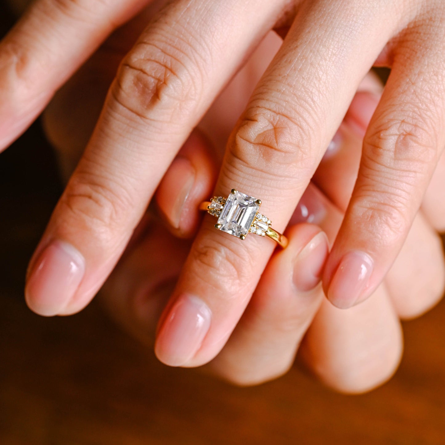 CausYou emerald cut moissanite engagement ring CausYou Solid Gold Emerald Cut Moissanite Engagement Ring, Three Stone Trapezoid Accents Promise Bridal Ring for Women