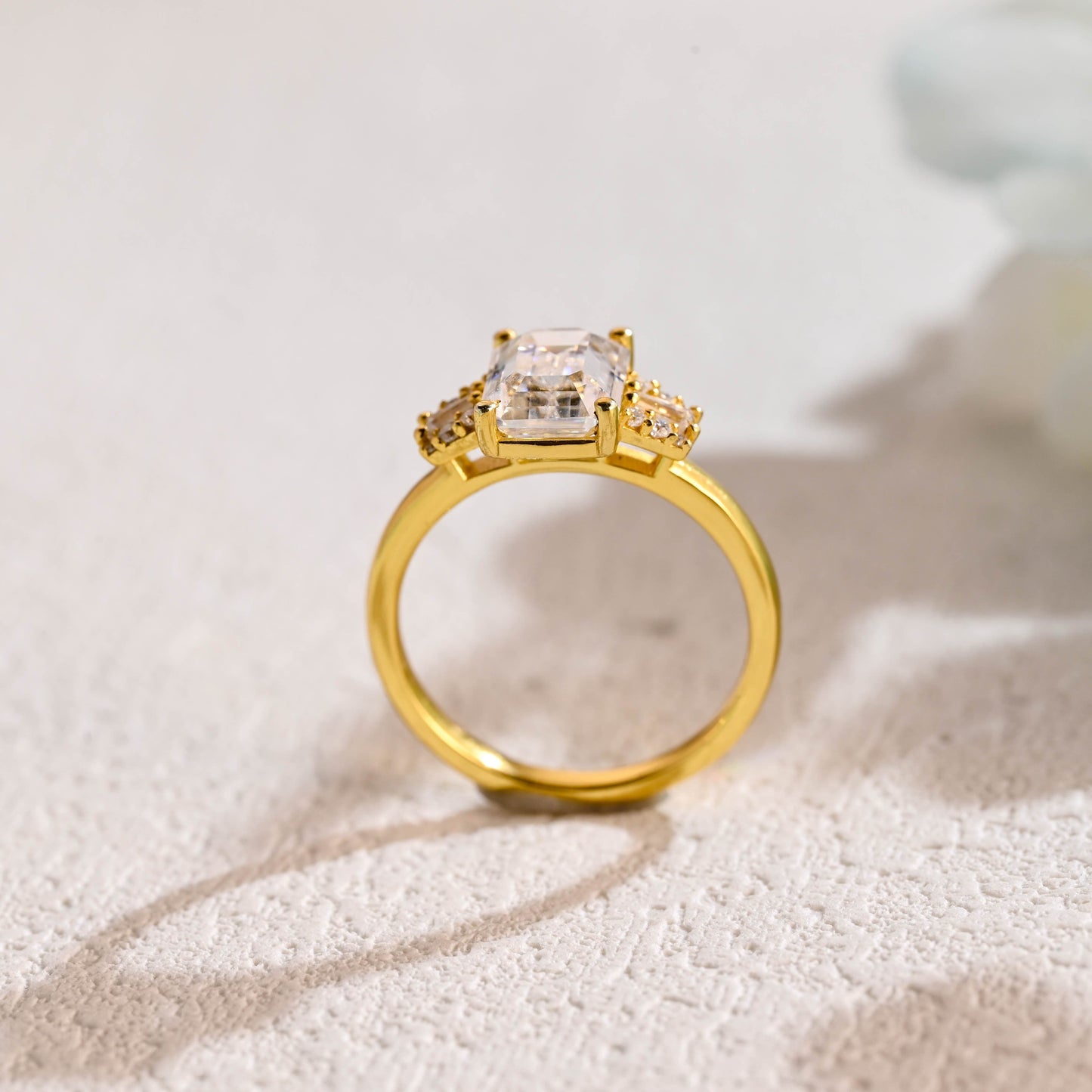 CausYou emerald cut moissanite engagement ring CausYou Solid Gold Emerald Cut Moissanite Engagement Ring, Three Stone Trapezoid Accents Promise Bridal Ring for Women