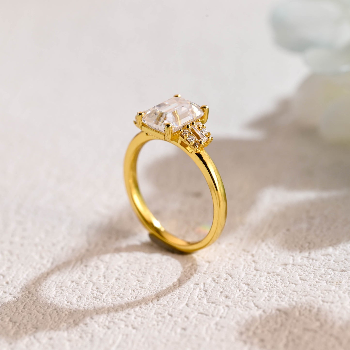 CausYou emerald cut moissanite engagement ring CausYou Solid Gold Emerald Cut Moissanite Engagement Ring, Three Stone Trapezoid Accents Promise Bridal Ring for Women