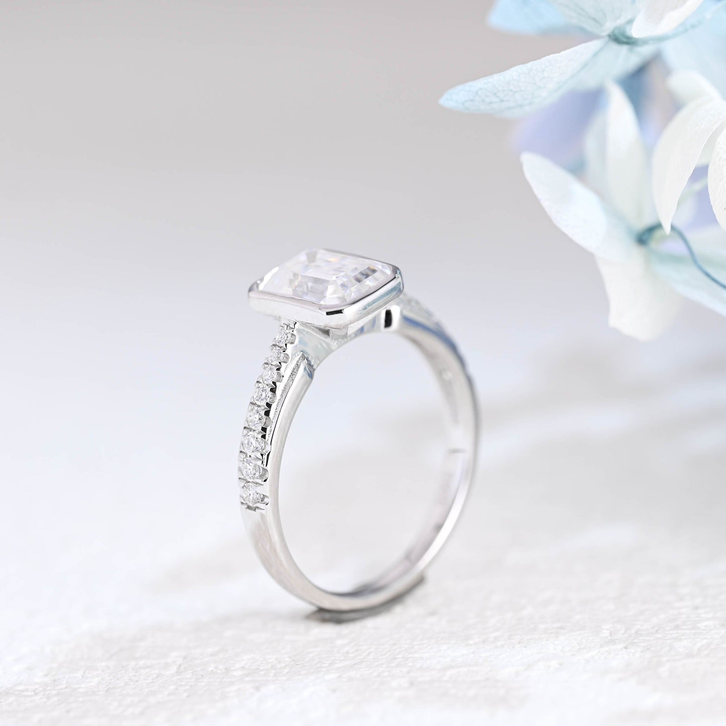 CausYou emerald cut moissanite engagement ring Solid Gold Bezel Half Eternity Emerald Cut Moissanite Engagement Ring