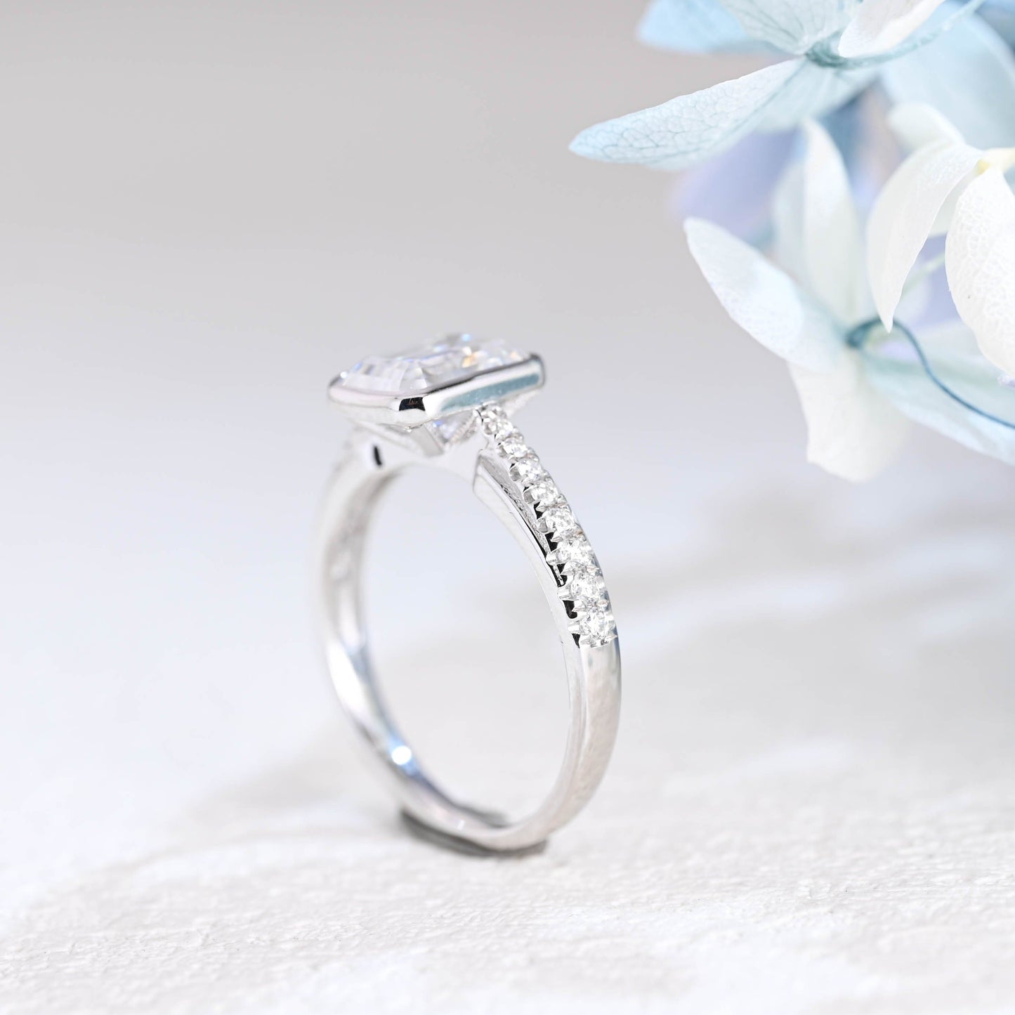 CausYou emerald cut moissanite engagement ring Solid Gold Bezel Half Eternity Emerald Cut Moissanite Engagement Ring