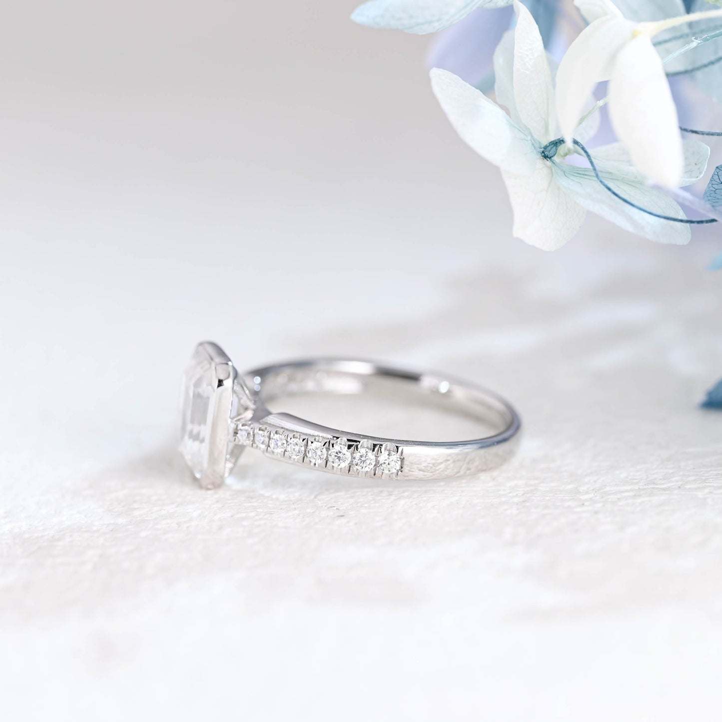 CausYou emerald cut moissanite engagement ring Solid Gold Bezel Half Eternity Emerald Cut Moissanite Engagement Ring