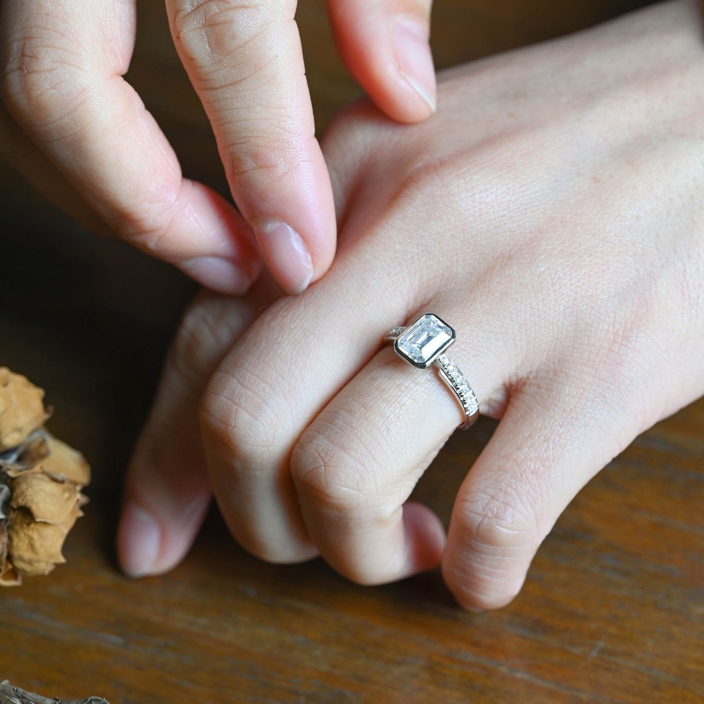 CausYou emerald cut moissanite engagement ring Solid Gold Bezel Half Eternity Emerald Cut Moissanite Engagement Ring