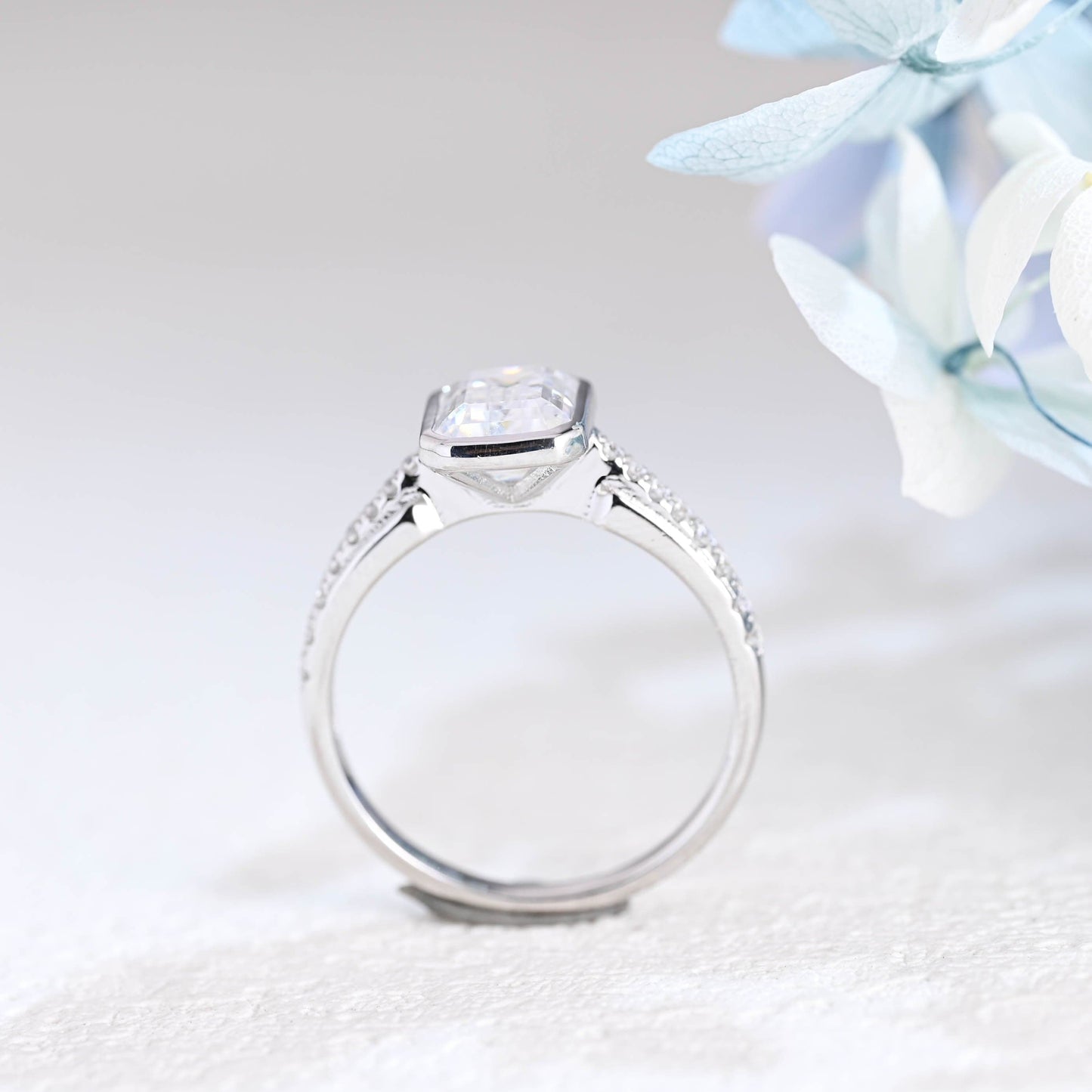 CausYou emerald cut moissanite engagement ring Solid Gold Bezel Half Eternity Emerald Cut Moissanite Engagement Ring