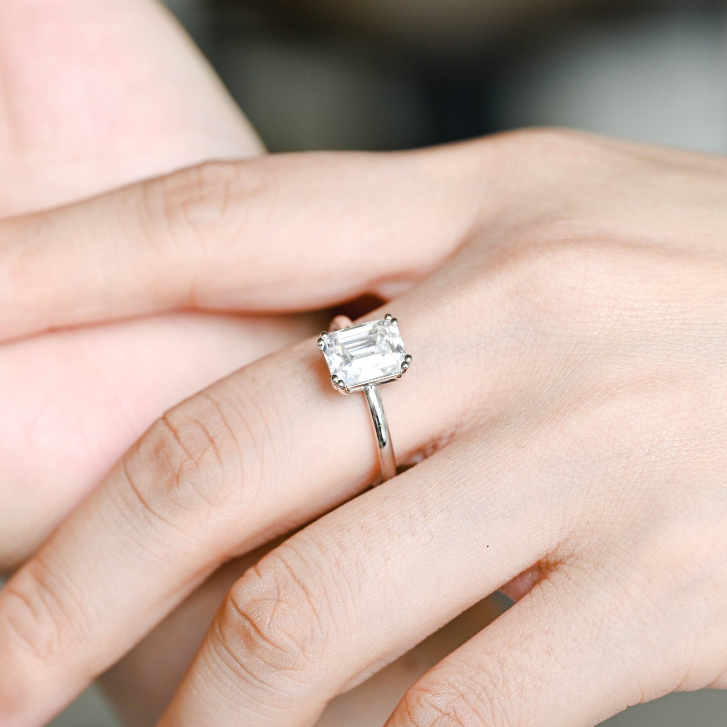 CausYou emerald cut moissanite engagement ring Solid Gold Emerald Cut Moissanite Engagement Ring, Solitaire Promise Ring, Gift for Women Wife