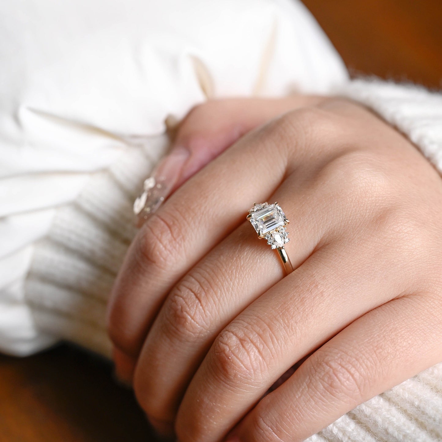 CausYou emerald cut moissanite engagement ring Solid Gold Emerald Cut Moissanite Engagement Ring, Three Stone Promise Ring, Proposal Ring, Gift for Woman, Wife