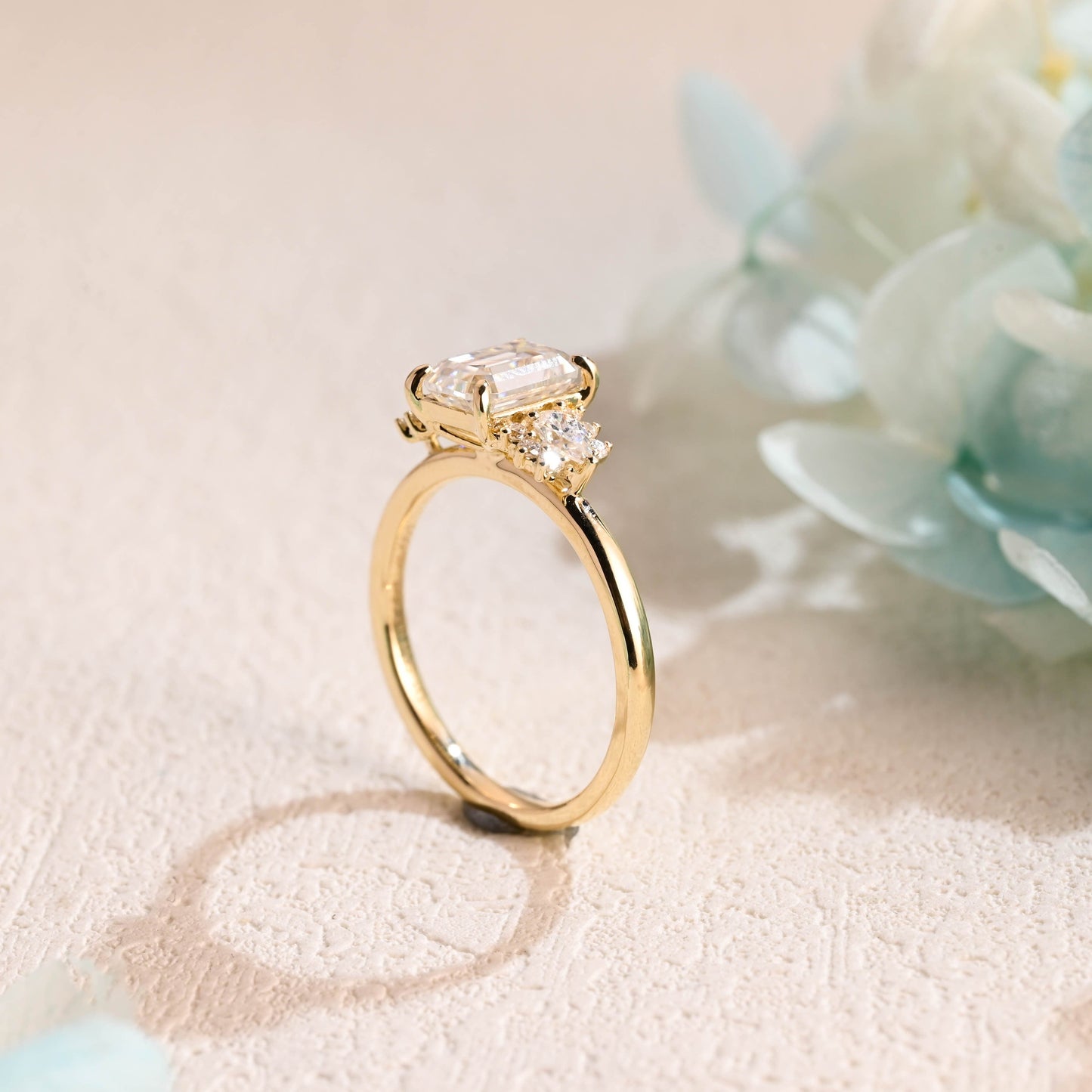 CausYou emerald cut moissanite engagement ring Solid Gold Emerald Cut Moissanite Engagement Ring, Three Stone Promise Ring, Proposal Ring, Gift for Woman, Wife