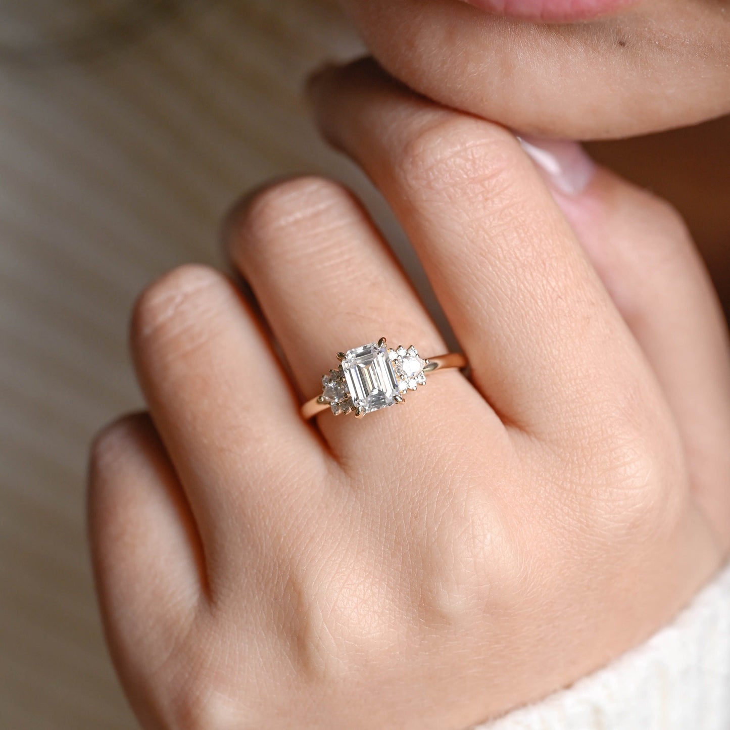 CausYou emerald cut moissanite engagement ring Solid Gold Emerald Cut Moissanite Engagement Ring, Three Stone Promise Ring, Proposal Ring, Gift for Woman, Wife