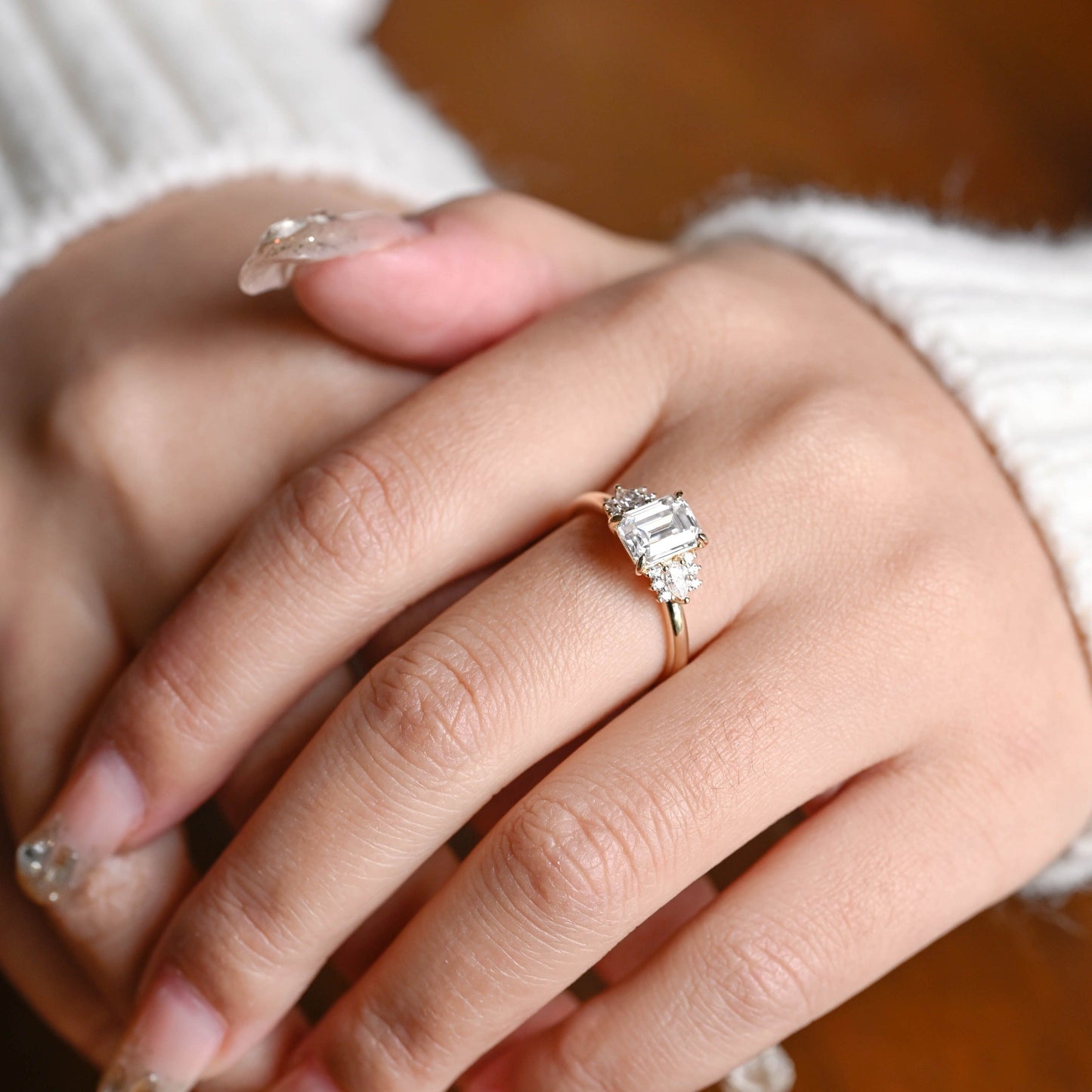 CausYou emerald cut moissanite engagement ring Solid Gold Emerald Cut Moissanite Engagement Ring, Three Stone Promise Ring, Proposal Ring, Gift for Woman, Wife