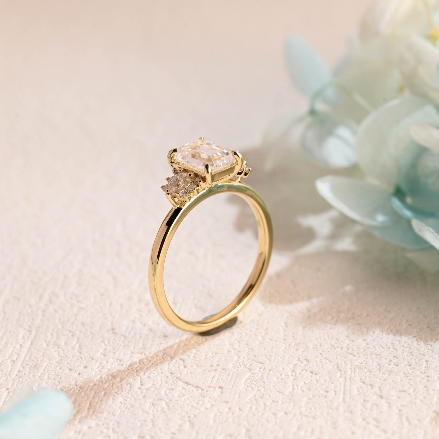 CausYou emerald cut moissanite engagement ring Solid Gold Emerald Cut Moissanite Engagement Ring, Three Stone Promise Ring, Proposal Ring, Gift for Woman, Wife