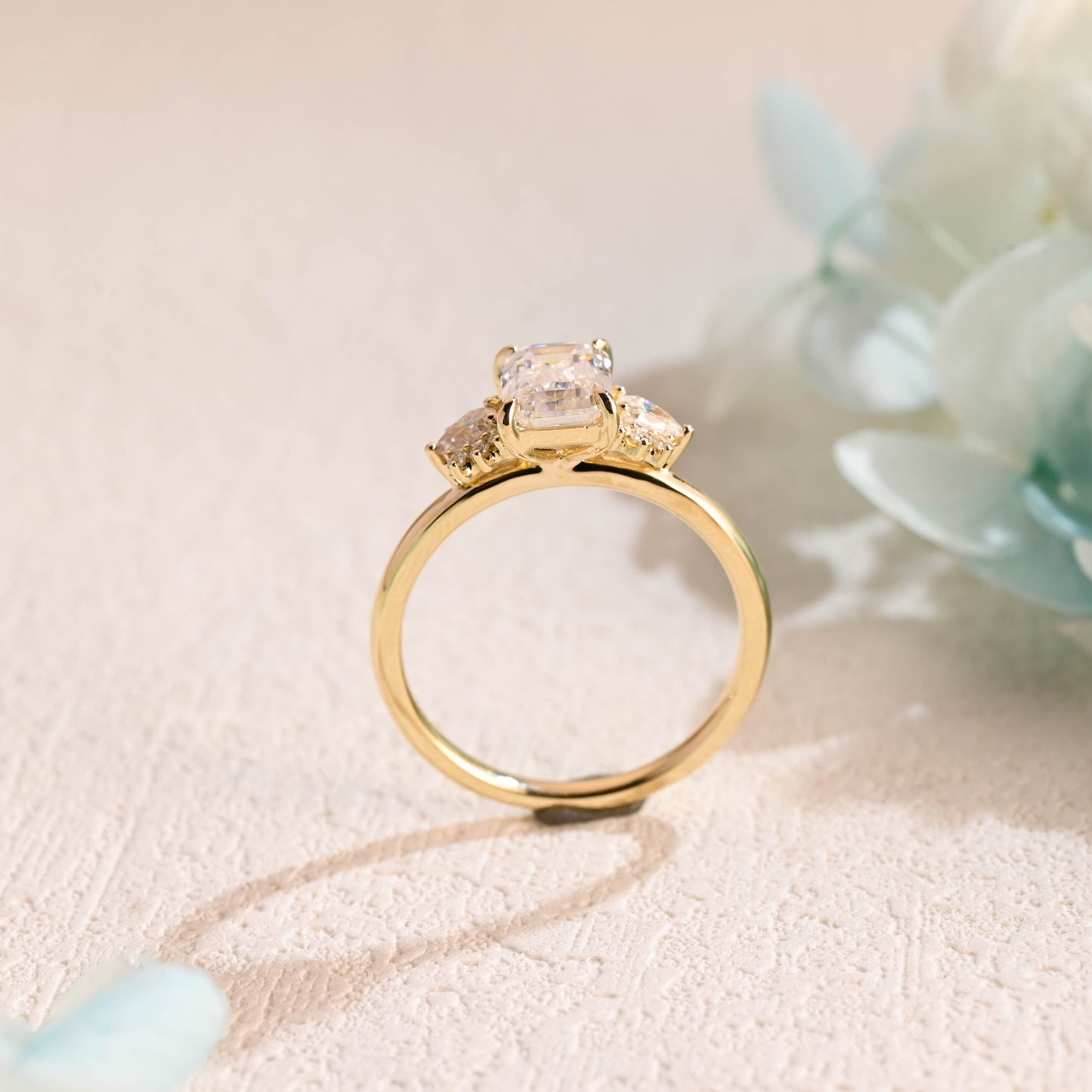 CausYou emerald cut moissanite engagement ring Solid Gold Emerald Cut Moissanite Engagement Ring, Three Stone Promise Ring, Proposal Ring, Gift for Woman, Wife