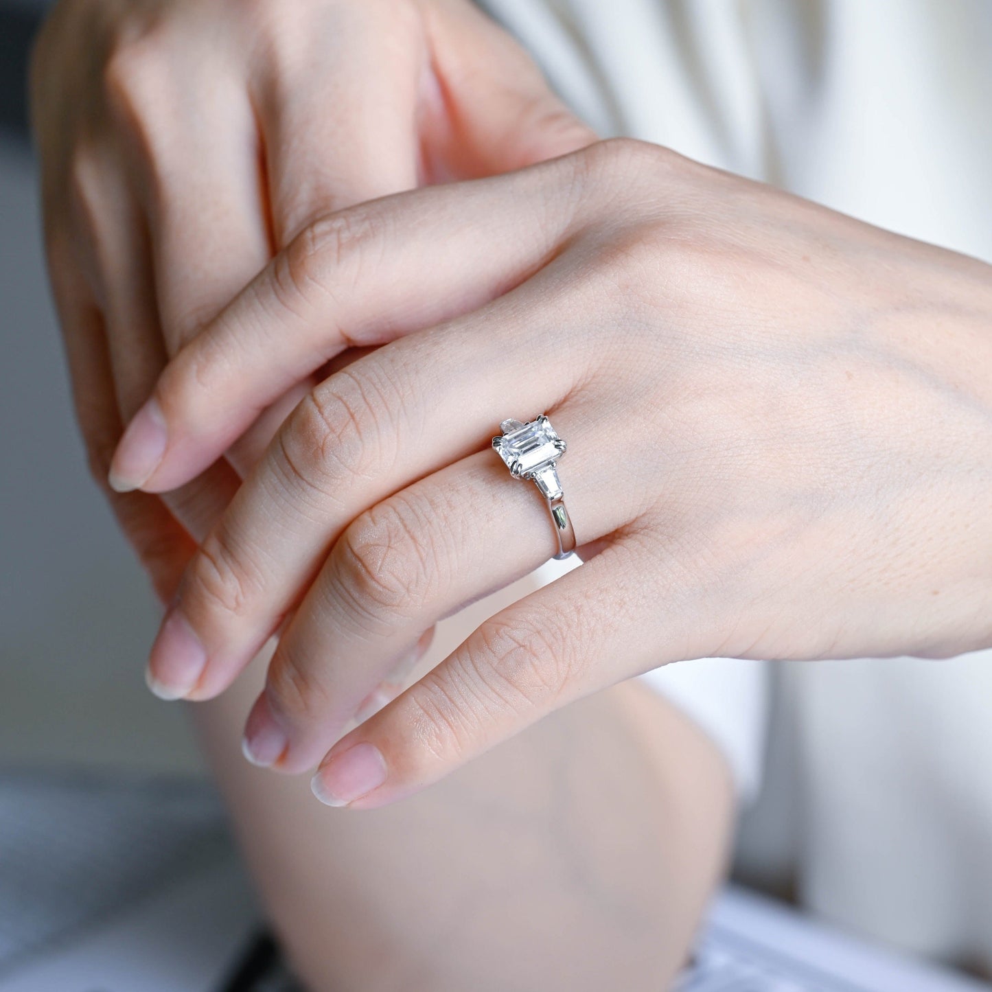 CausYou emerald cut moissanite engagement ring Solid Gold Emerald Cut Moissanite Engagement Ring, Three Stone Promise Ring, Proposal Ring, Gift for Woman, Wife