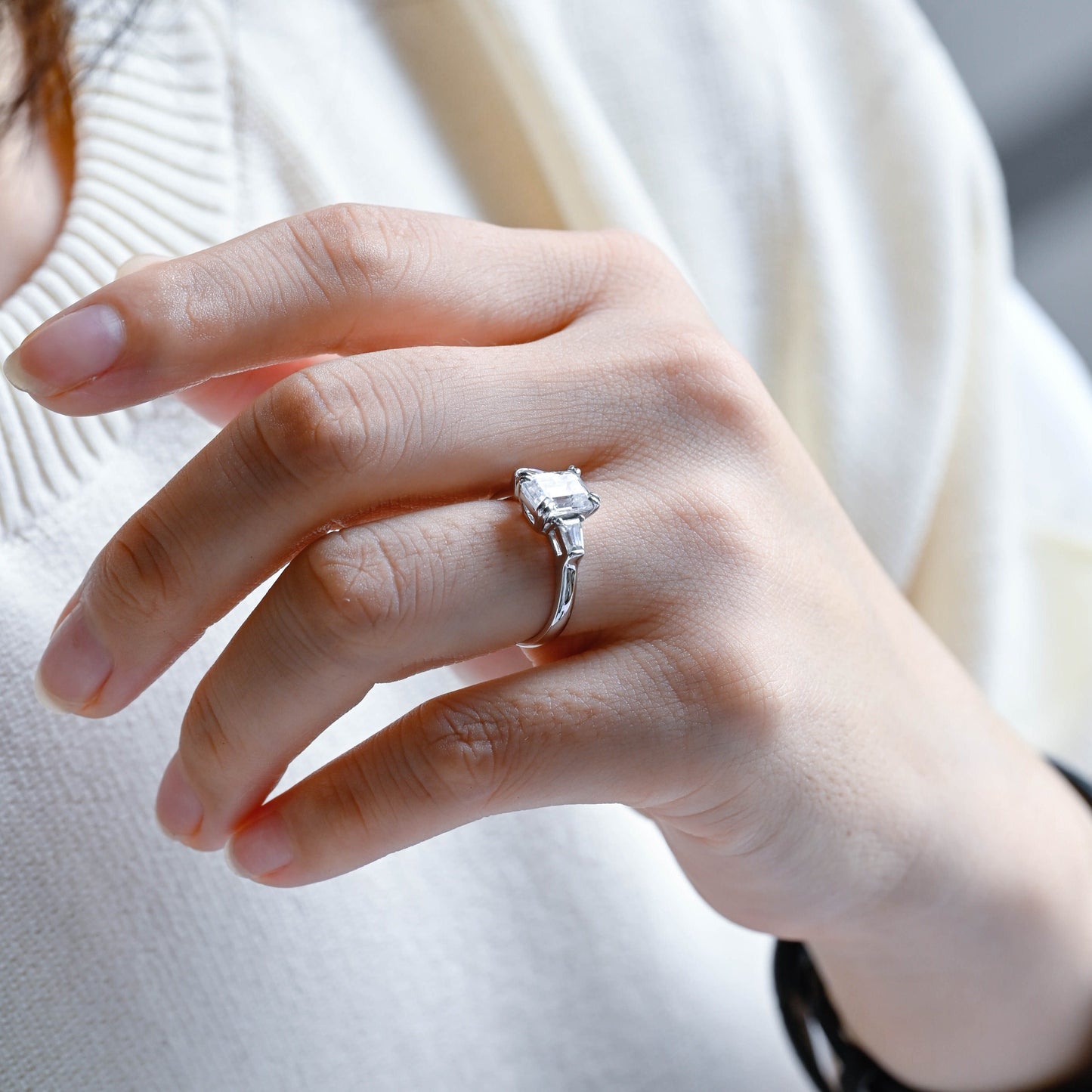 CausYou emerald cut moissanite engagement ring Solid Gold Emerald Cut Moissanite Engagement Ring, Three Stone Promise Ring, Proposal Ring, Gift for Woman, Wife