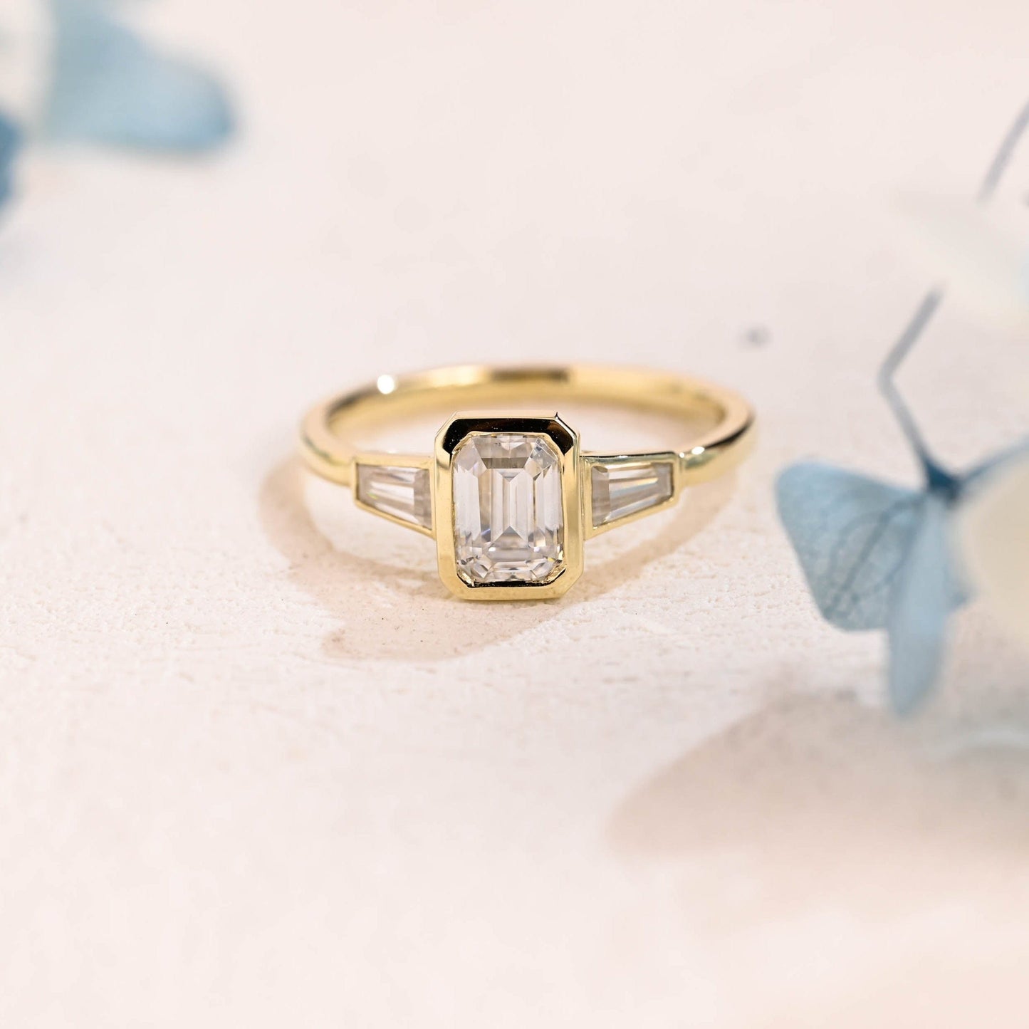 CausYou emerald cut moissanite engagement ring Solid Gold Emerald Cut Moissanite Engagement Ring, Three Stone Ring