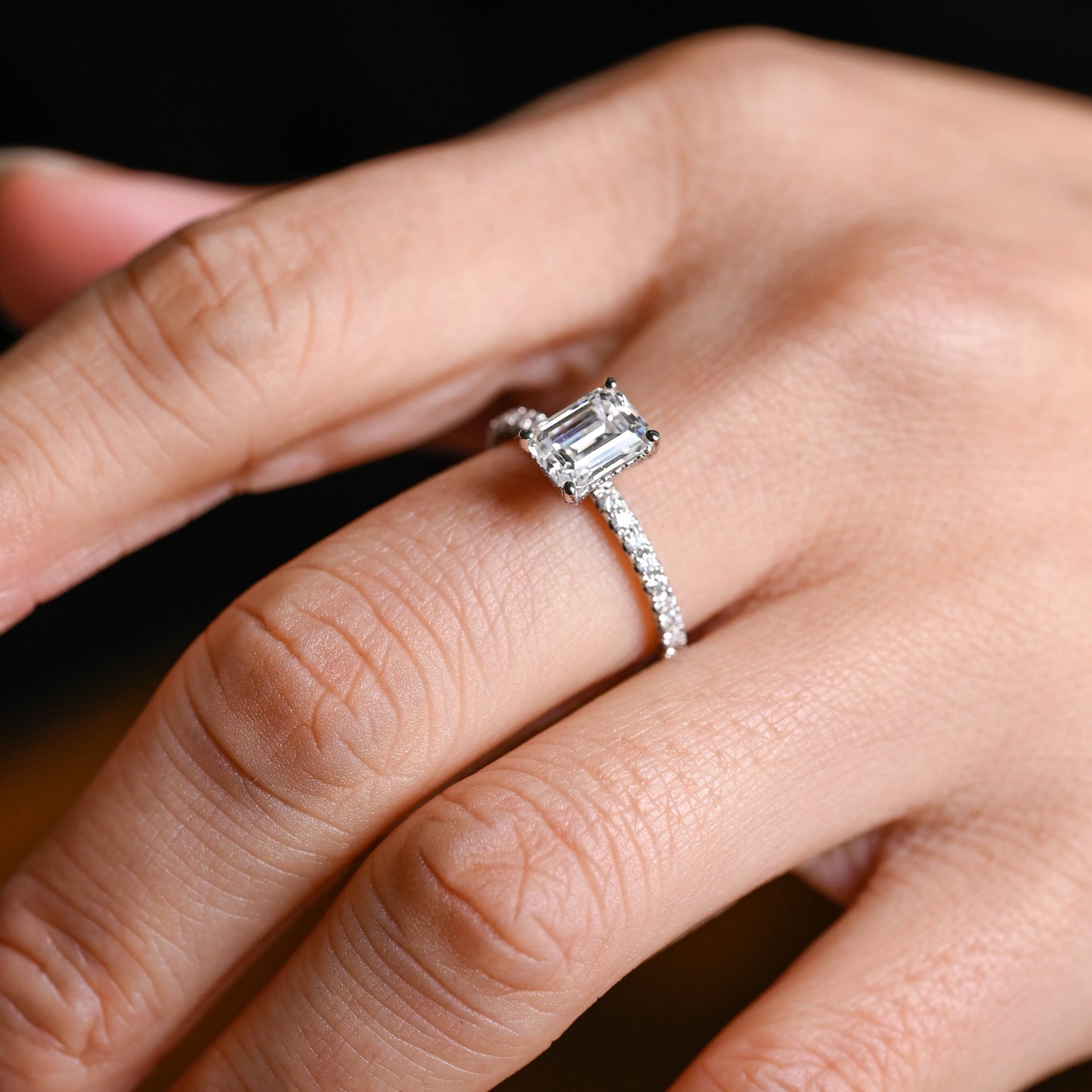 CausYou emerald cut moissanite engagement ring Solid Gold Emerald Cut Moissanite Engagement Ring with Hidden Halo, Promise Ring, Gift for Women Wife