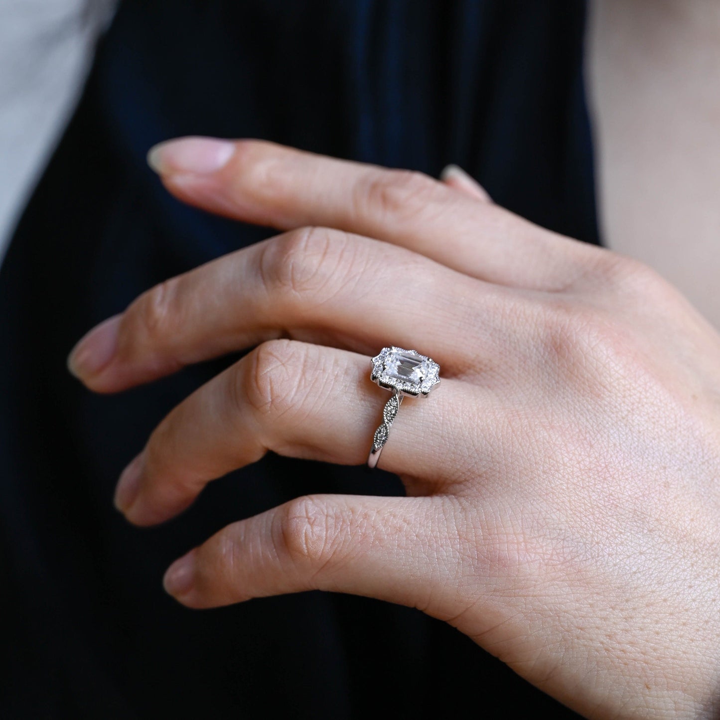 CausYou emerald cut moissanite engagement ring Solid Gold Filigree Emerald Cut Moissanite Engagement Ring, Promise Ring, Proposal Ring, Gift for Woman, Wife