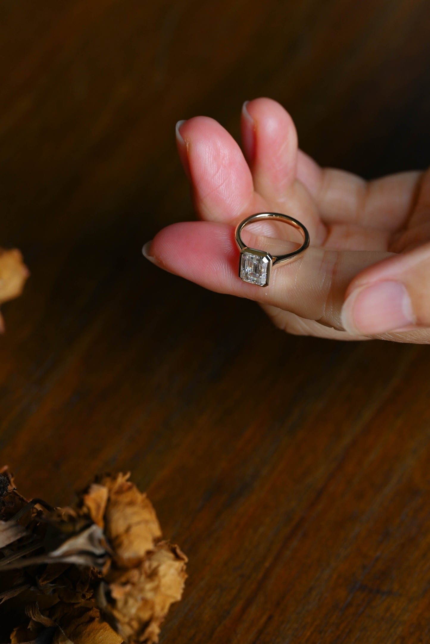 CausYou emerald cut moissanite engagement ring Solid Gold Solitaire Bezel Emerald Cut Moissanite Engagement Ring