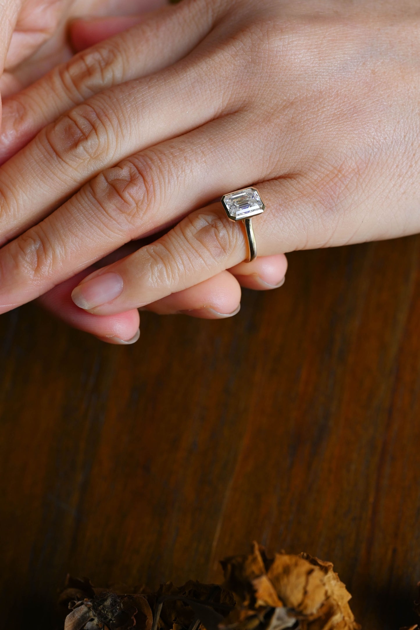 CausYou emerald cut moissanite engagement ring Solid Gold Solitaire Bezel Emerald Cut Moissanite Engagement Ring
