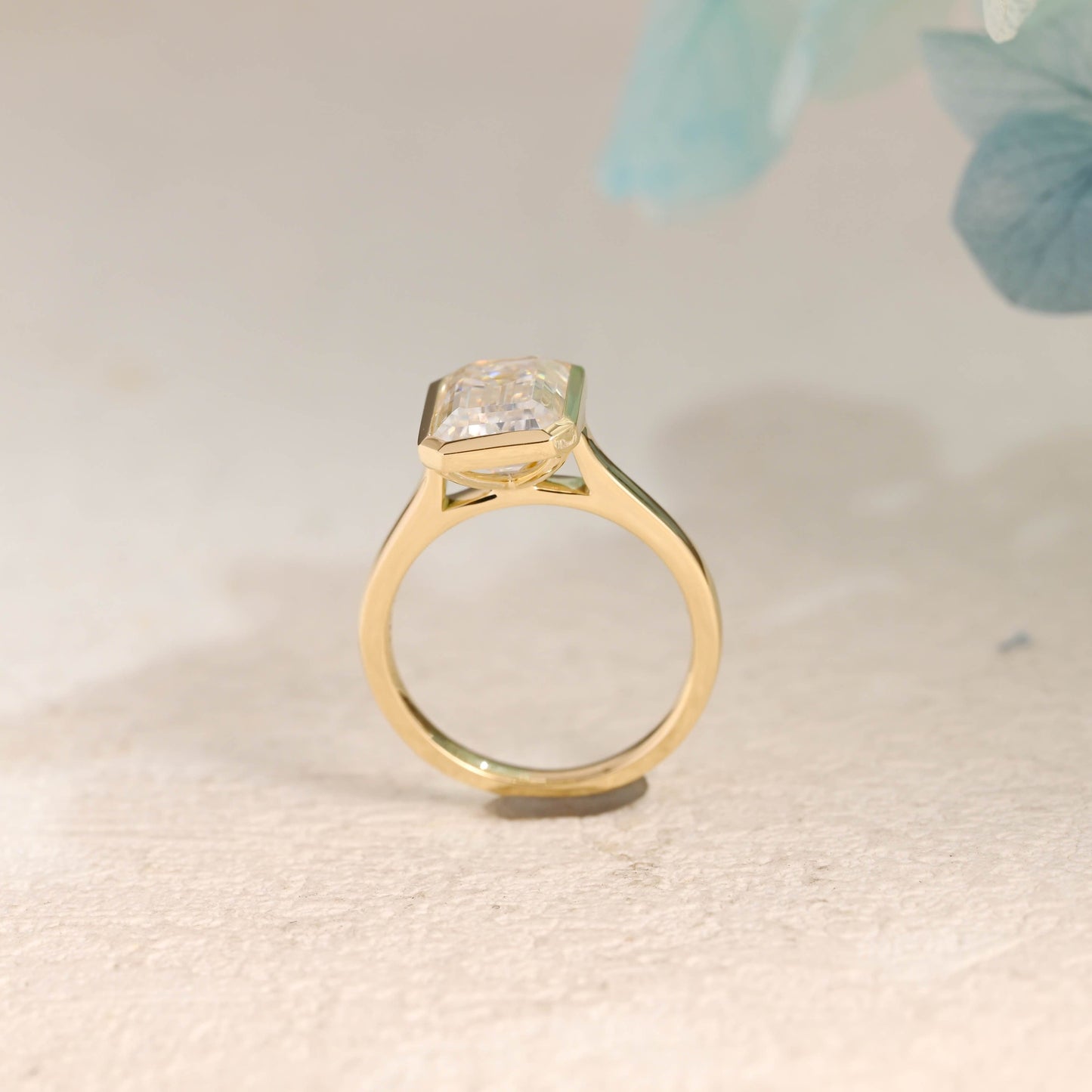 CausYou emerald cut moissanite engagement ring Solid Gold Solitaire Bezel Emerald Cut Moissanite Engagement Ring