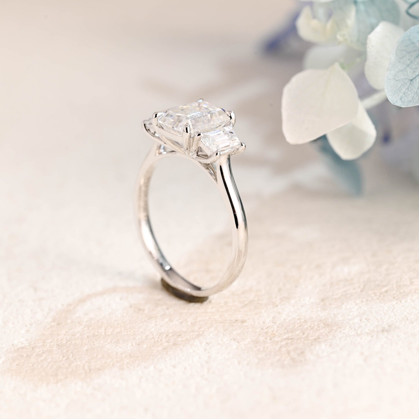 CausYou emerald cut moissanite engagement ring Solid Gold Three Stone Emerald Cut Moissanite Engagement Ring