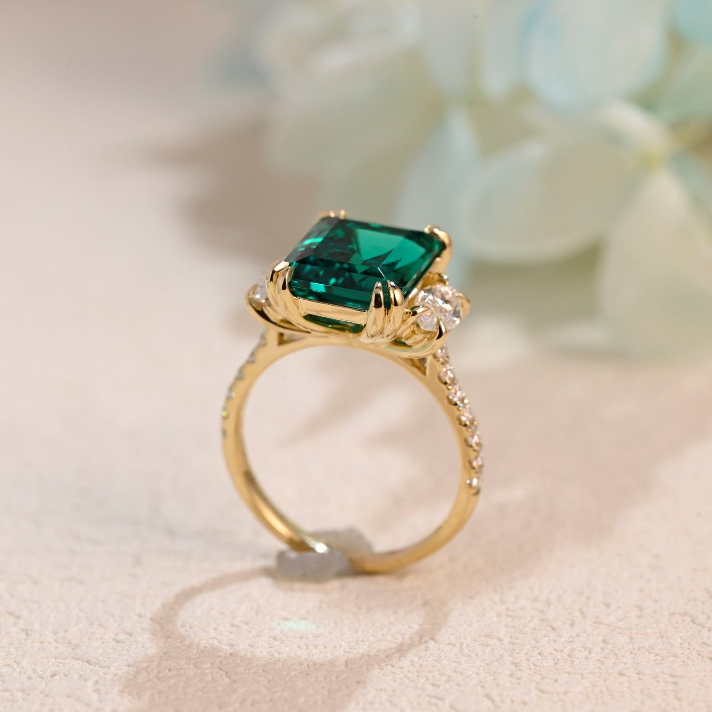 CausYou emerald cut moissanite engagement ring Solid Gold Three Stone Lab Emerald Engagement Ring