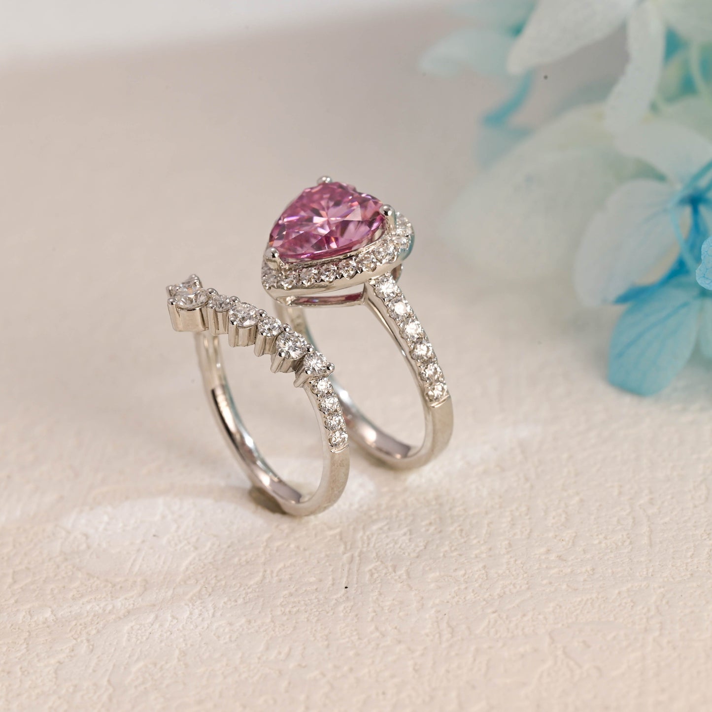 CausYou Heart cut bridal set CausYou Solid Gold Heart Cut Pink Moissanite Engagement Ring Set, Heart Cut Bridal Set, Vintage Promise Ring Set, Gift for Women Wife