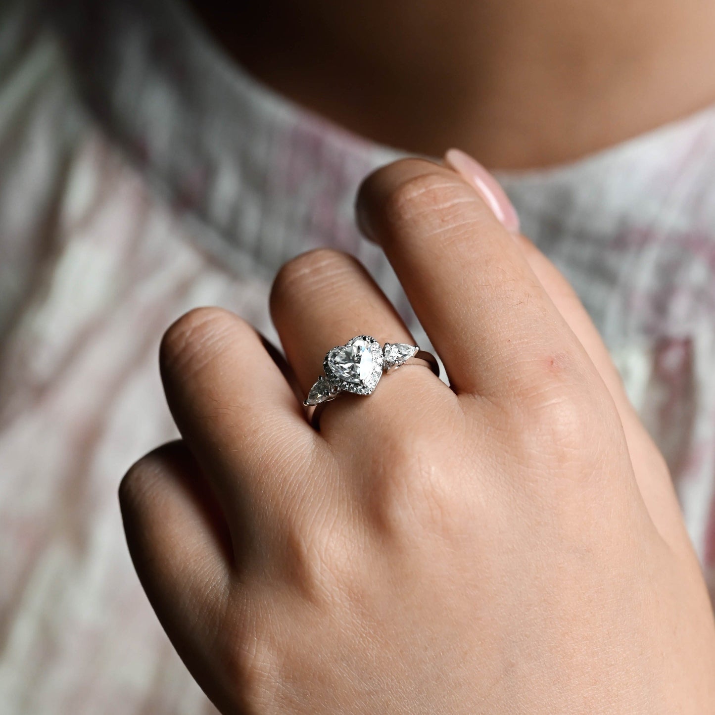 CausYou heart cut diamond engagement ring CausYou Solid Gold D/VS1 Heart Cut Lab Grown Diamond Engagement Ring, Three Stone Halo Wedding Ring
