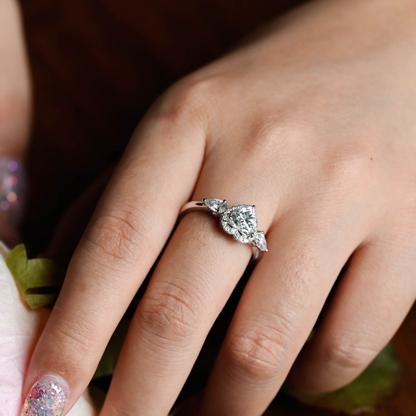 CausYou heart cut diamond engagement ring CausYou Solid Gold D/VS1 Heart Cut Lab Grown Diamond Engagement Ring, Three Stone Halo Wedding Ring