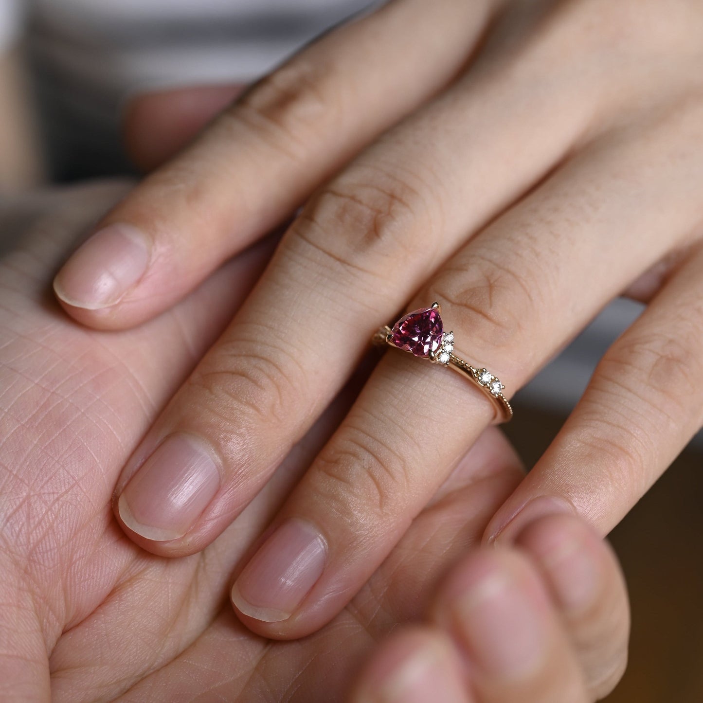 CausYou Heart cut moissanite engagement ring Solid Gold Heart Cut Pink Moissanite Engagement Ring Beaded Ring