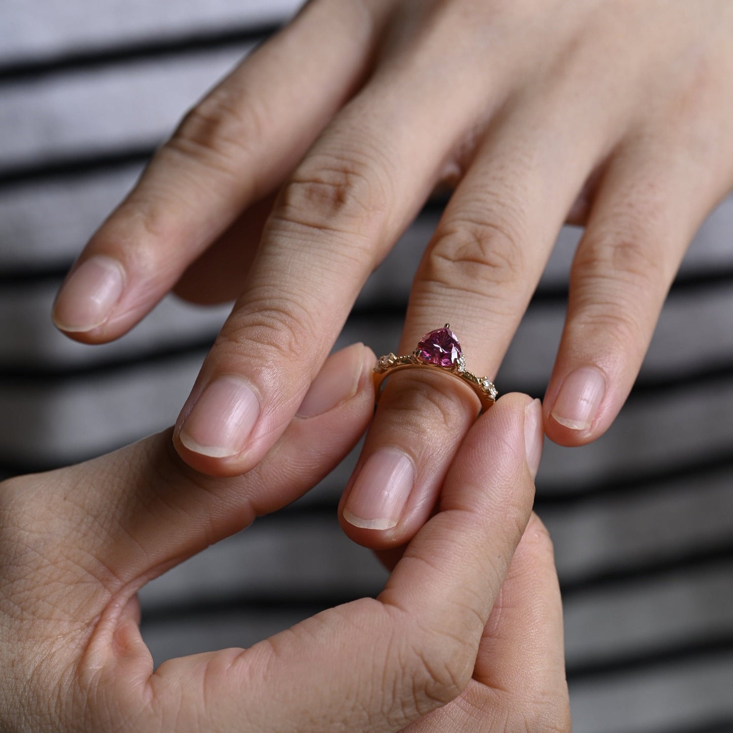 CausYou Heart cut moissanite engagement ring Solid Gold Heart Cut Pink Moissanite Engagement Ring Beaded Ring