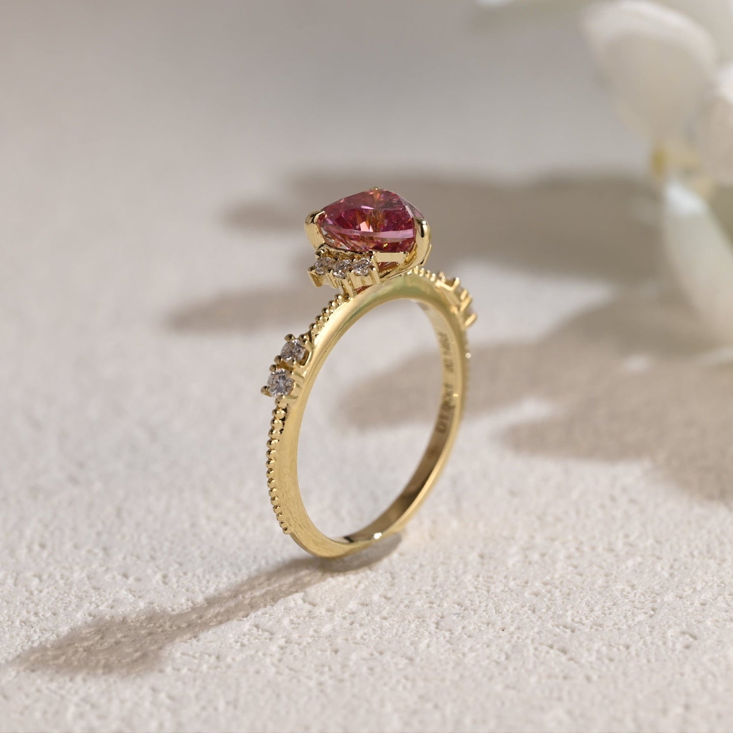 CausYou Heart cut moissanite engagement ring Solid Gold Heart Cut Pink Moissanite Engagement Ring Beaded Ring