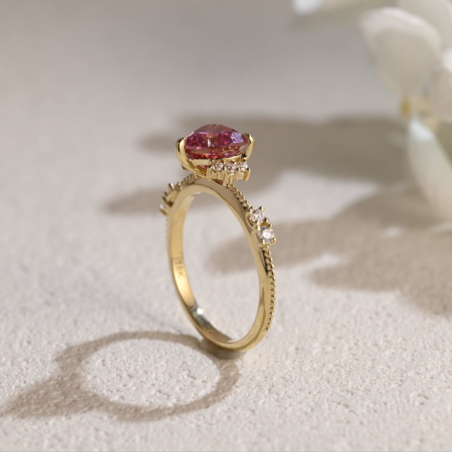 CausYou Heart cut moissanite engagement ring Solid Gold Heart Cut Pink Moissanite Engagement Ring Beaded Ring