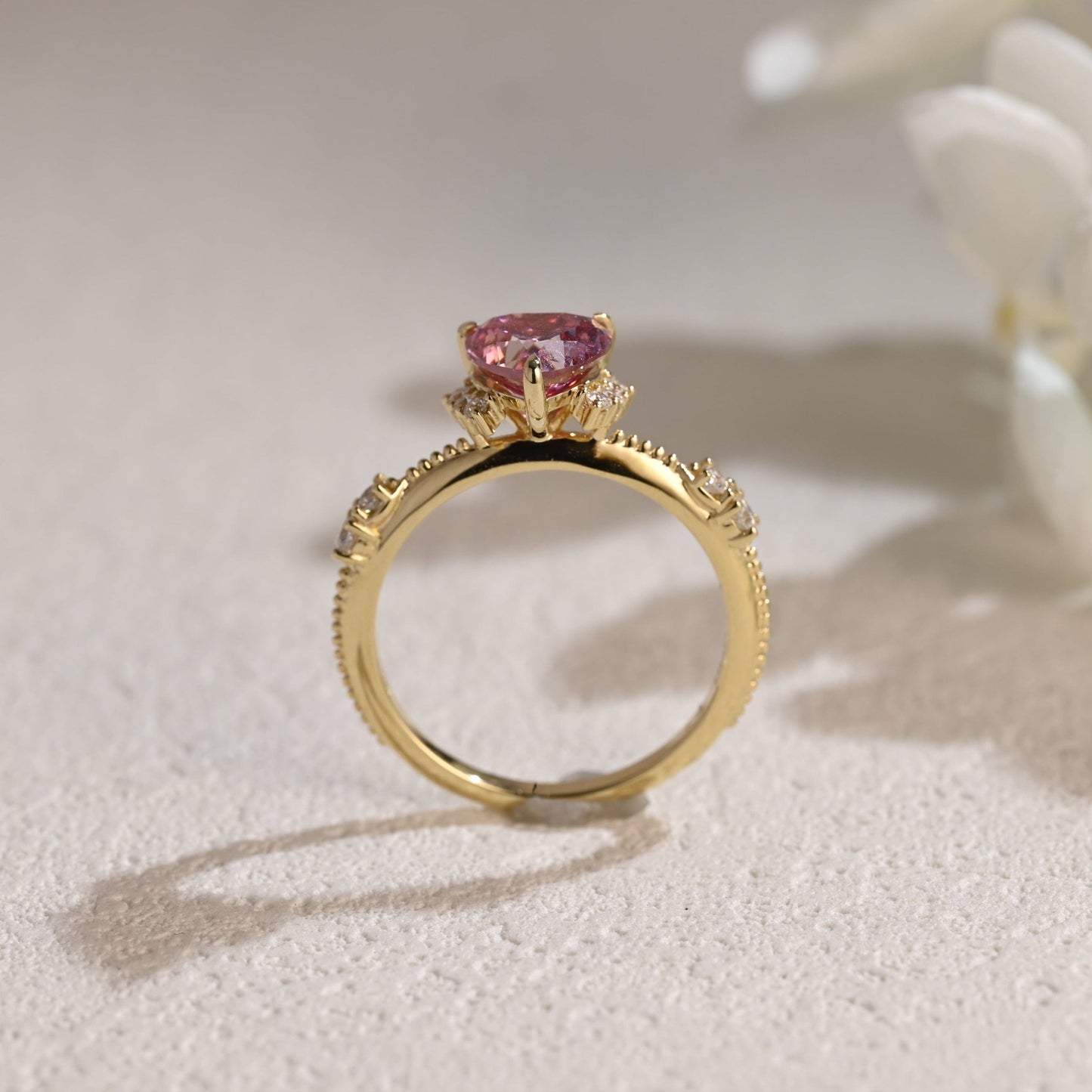 CausYou Heart cut moissanite engagement ring Solid Gold Heart Cut Pink Moissanite Engagement Ring Beaded Ring