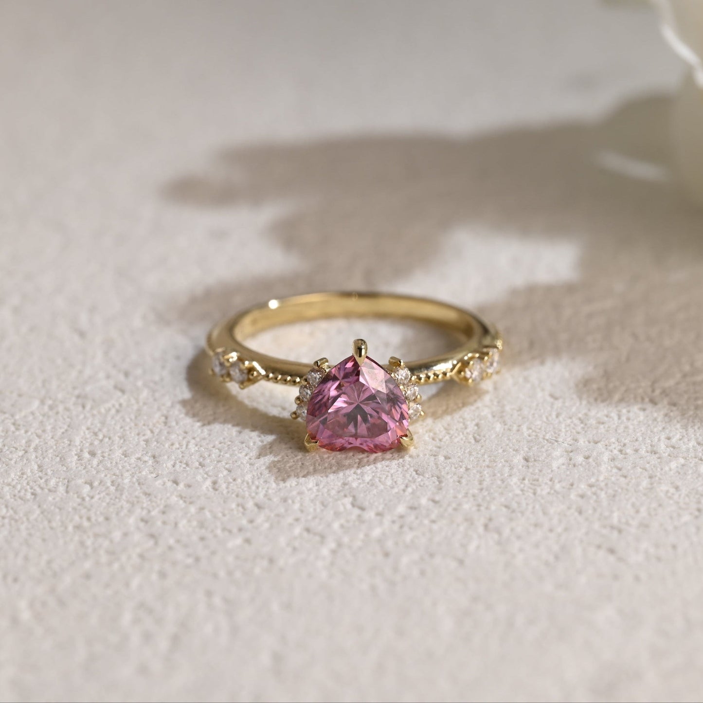 CausYou Heart cut moissanite engagement ring Solid Gold Heart Cut Pink Moissanite Engagement Ring Beaded Ring