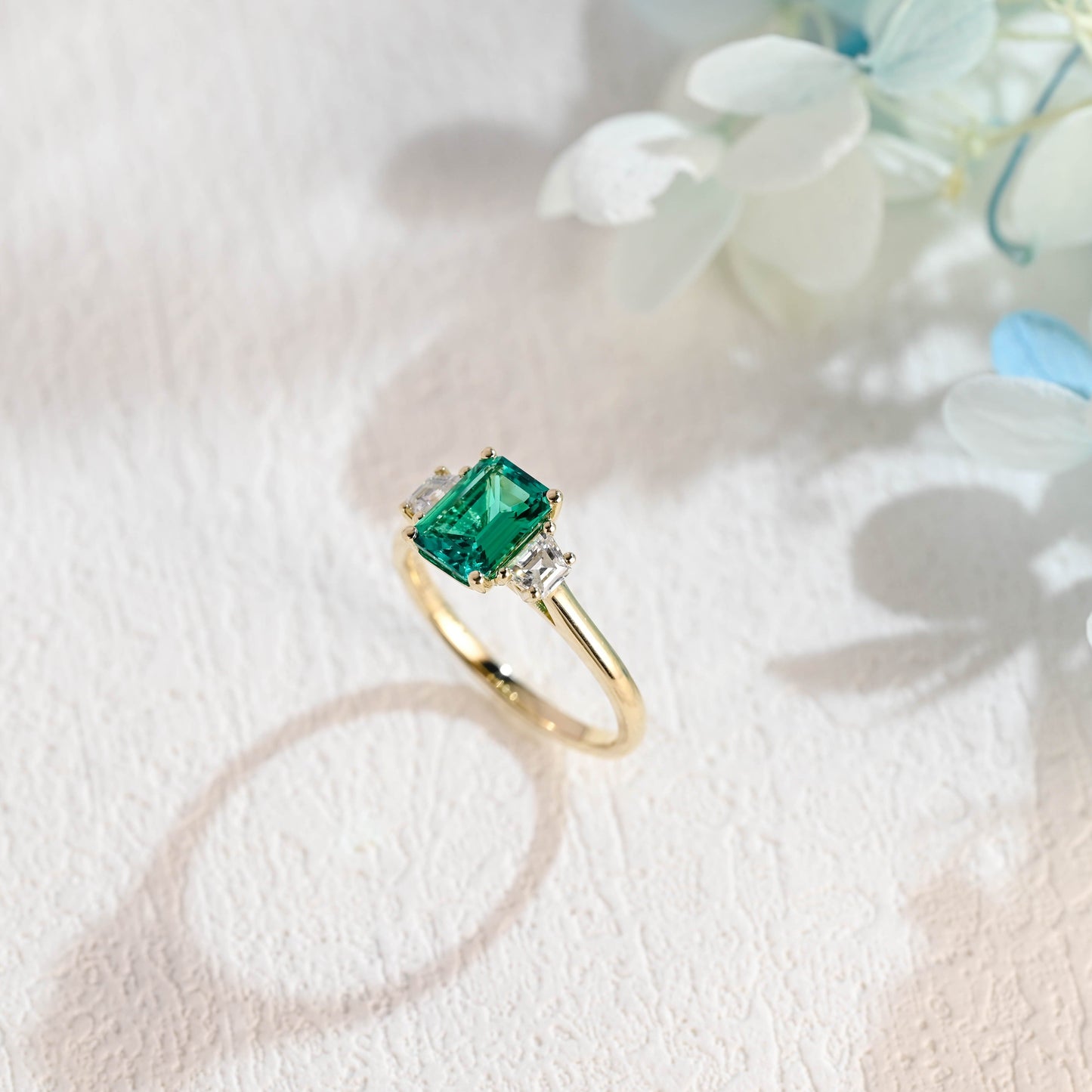 CausYou lab grown emerald engagement ring Solid Gold Lab Grown Emerald Engagement Ring, Three Stone Promise Ring, Proposal Ring, Gift for Woman, Wife