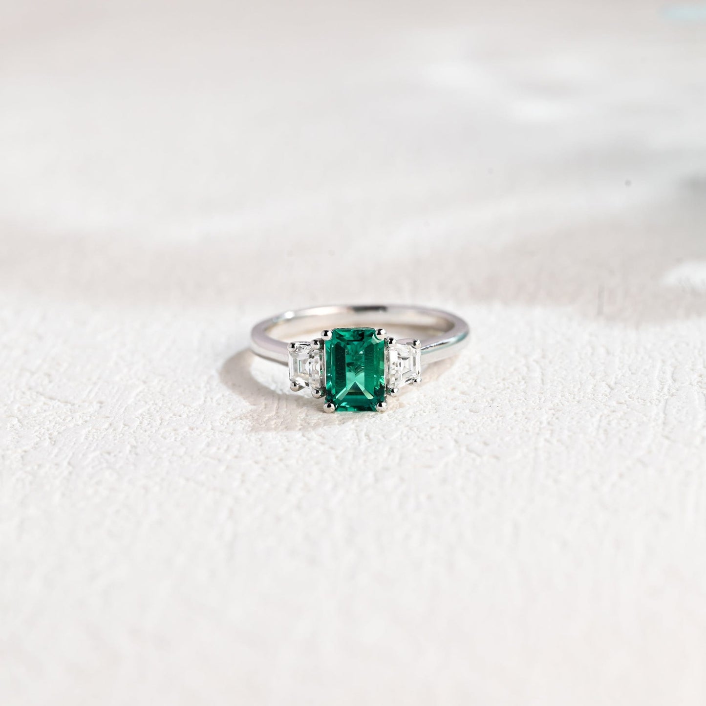CausYou lab grown emerald engagement ring Solid Gold Lab Grown Emerald Engagement Ring, Three Stone Promise Ring, Proposal Ring, Gift for Woman, Wife