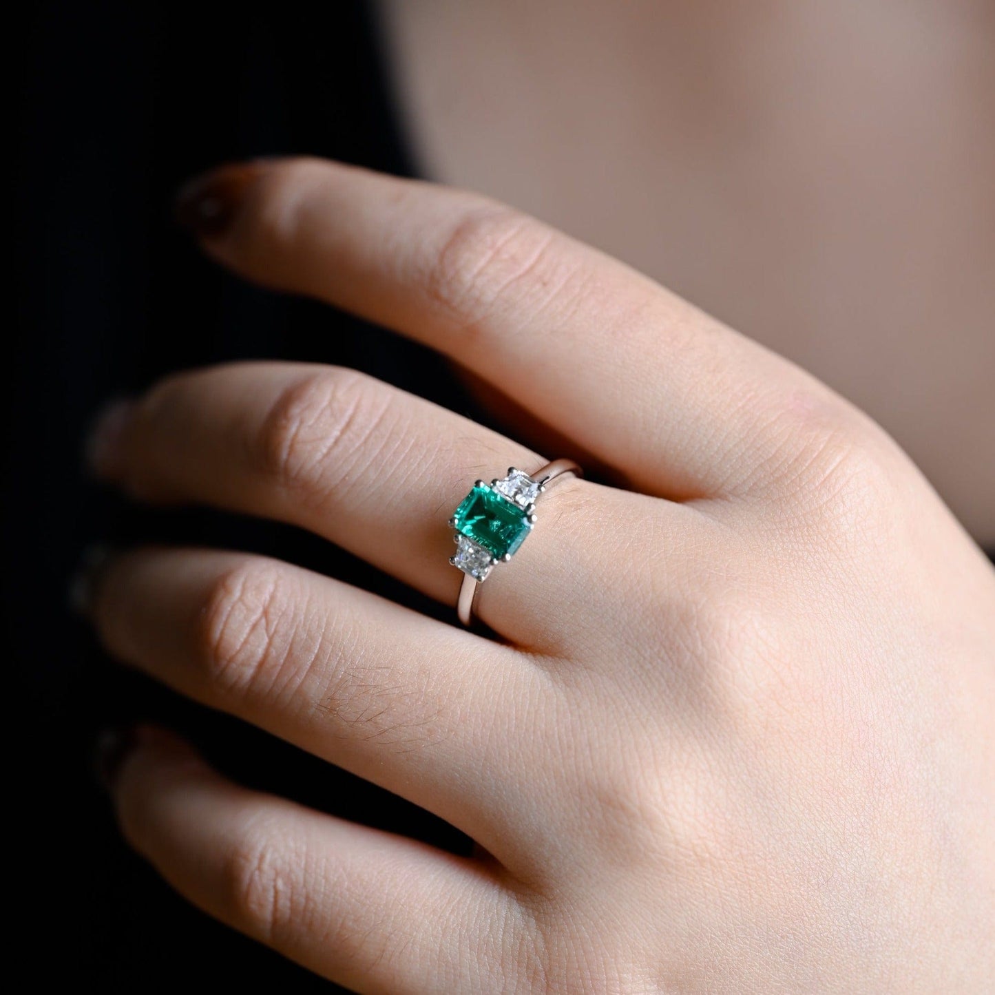 CausYou lab grown emerald engagement ring Solid Gold Lab Grown Emerald Engagement Ring, Three Stone Promise Ring, Proposal Ring, Gift for Woman, Wife